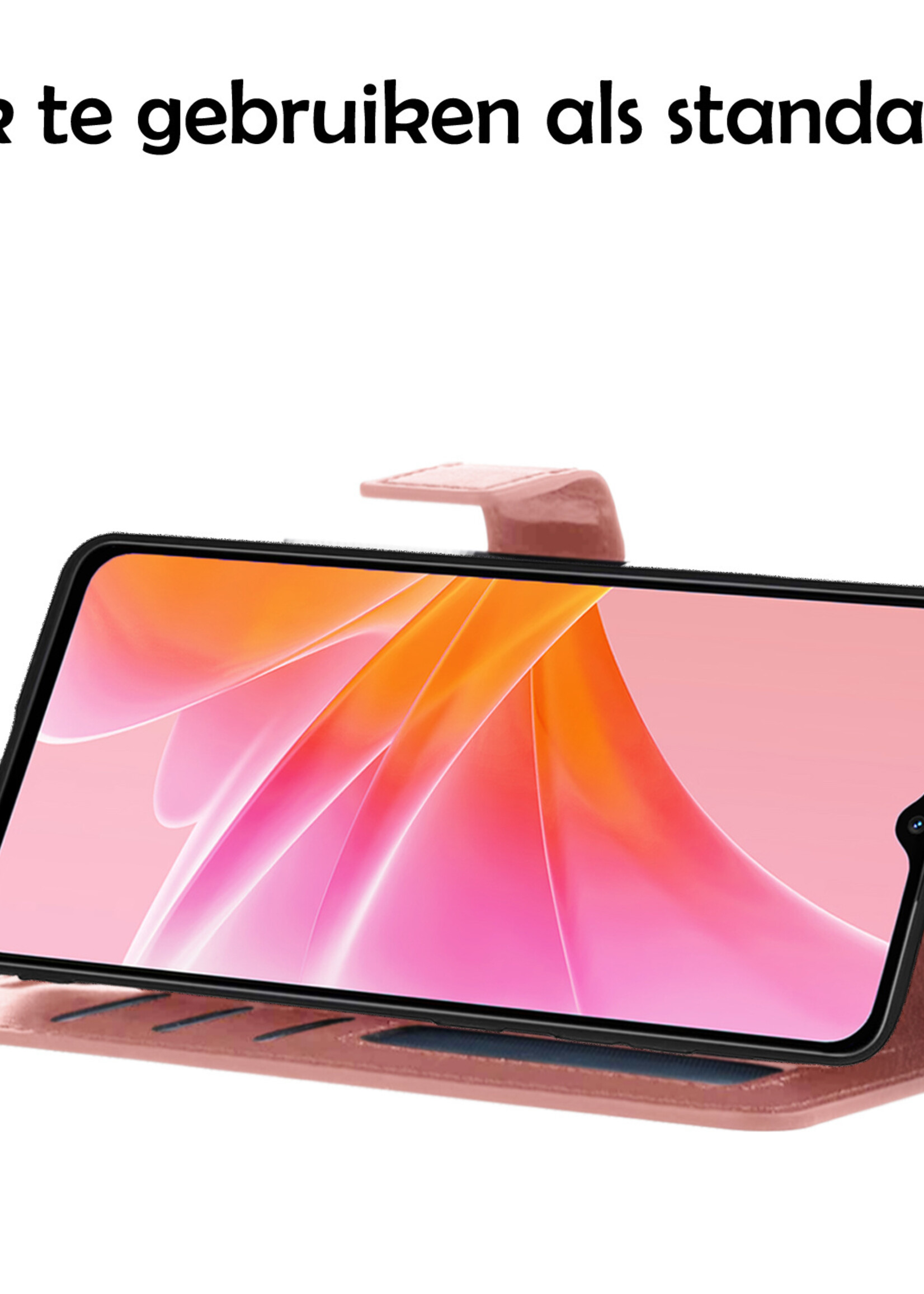 LUQ Hoesje Geschikt voor OPPO A17 Hoesje Book Case Hoes Wallet Cover Met 2x Screenprotector - Hoes Geschikt voor OPPO A17 Hoesje Bookcase Hoes - Rosé goud