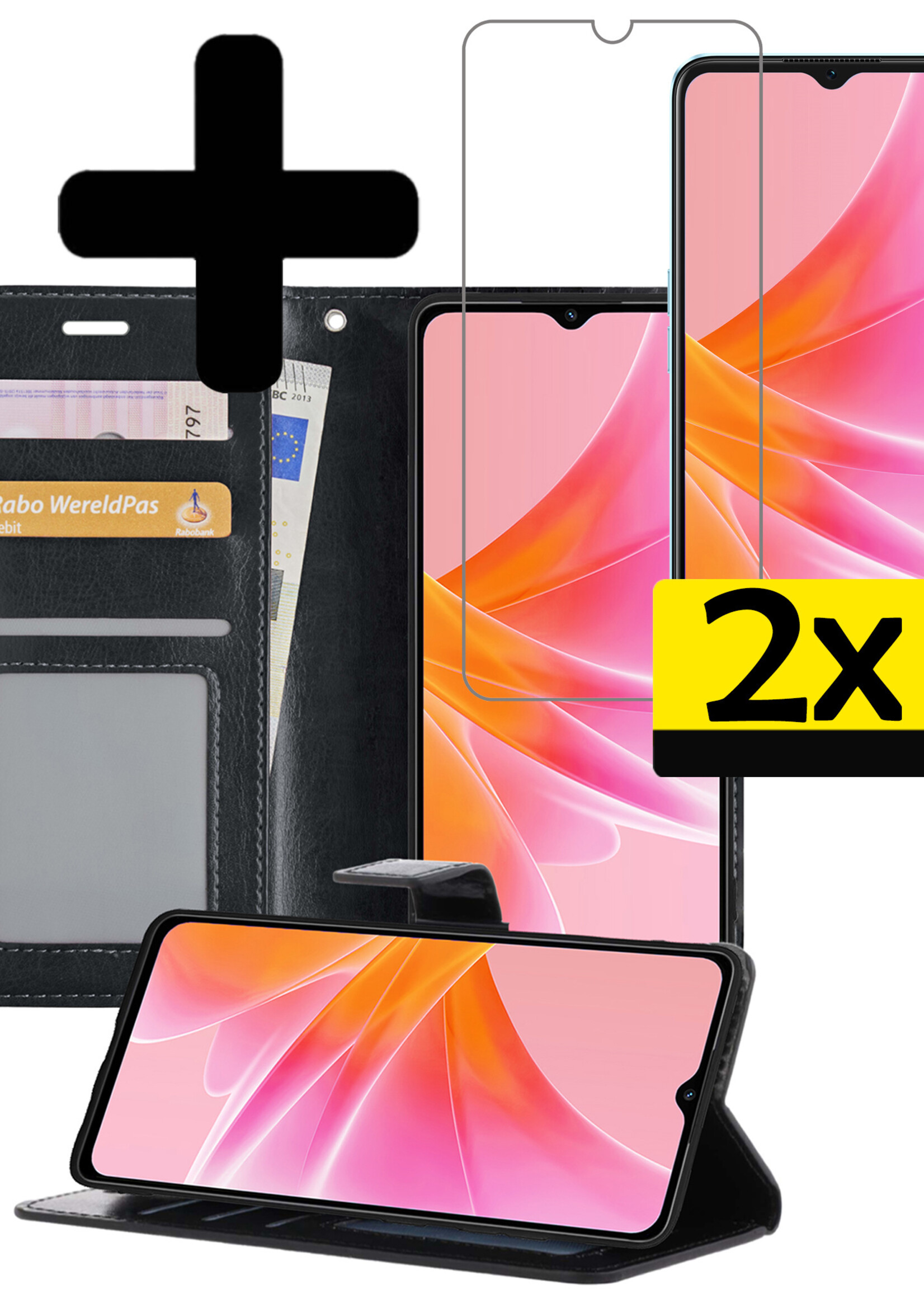 LUQ Hoesje Geschikt voor OPPO A17 Hoesje Book Case Hoes Wallet Cover Met 2x Screenprotector - Hoes Geschikt voor OPPO A17 Hoesje Bookcase Hoes - Zwart