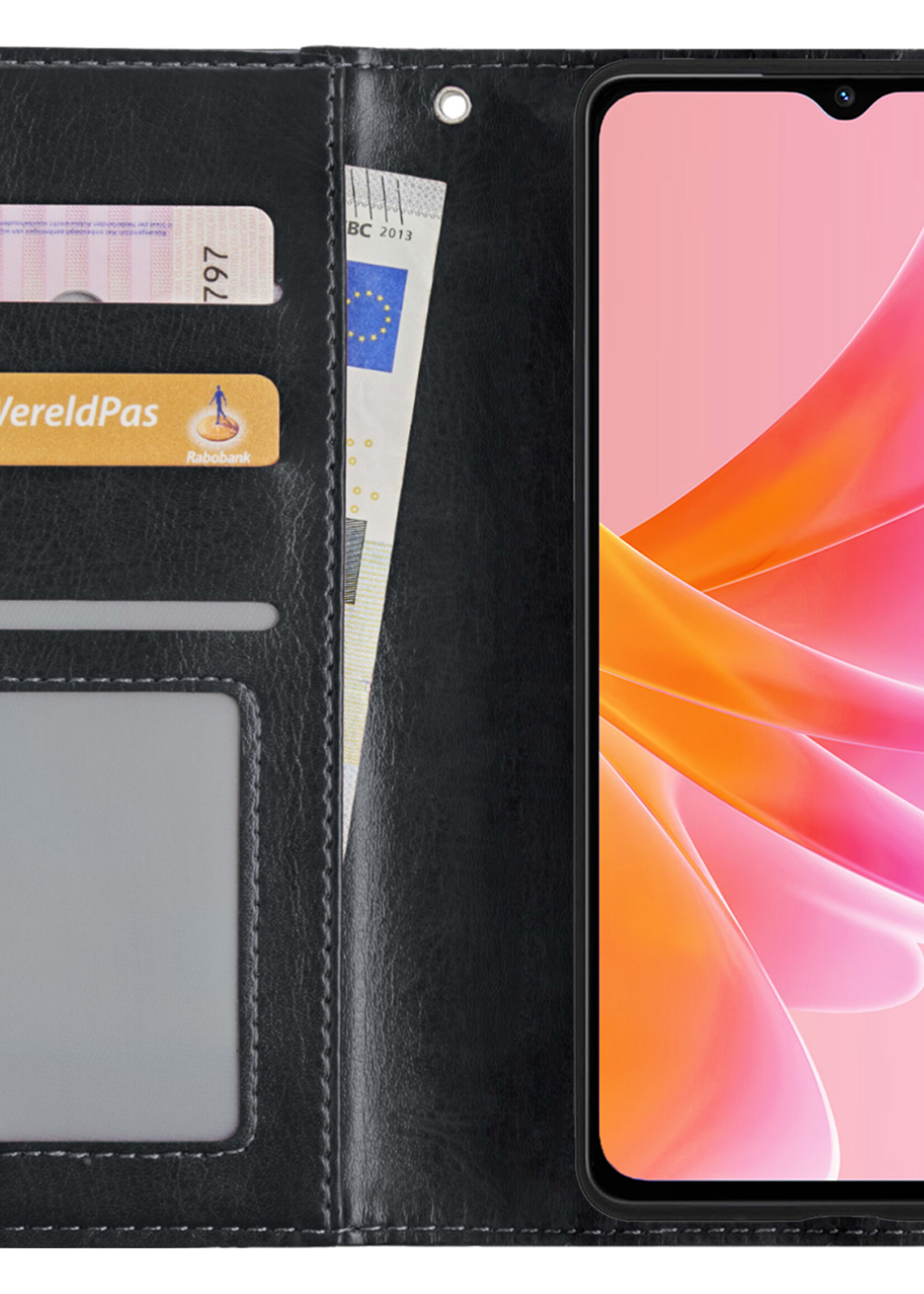 LUQ Hoesje Geschikt voor OPPO A17 Hoesje Book Case Hoes Wallet Cover Met 2x Screenprotector - Hoes Geschikt voor OPPO A17 Hoesje Bookcase Hoes - Zwart