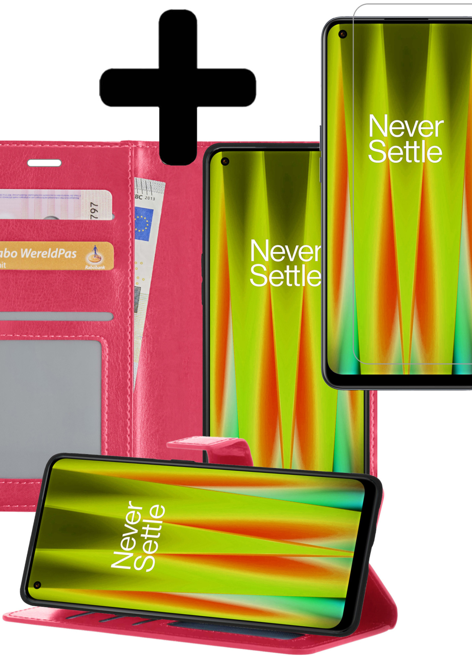 LUQ Hoesje Geschikt voor OnePlus Nord CE 2 Lite Hoesje Book Case Hoes Wallet Cover Met Screenprotector - Hoes Geschikt voor OnePlus Nord CE 2 Lite Hoesje Bookcase Hoes - Donkerroze