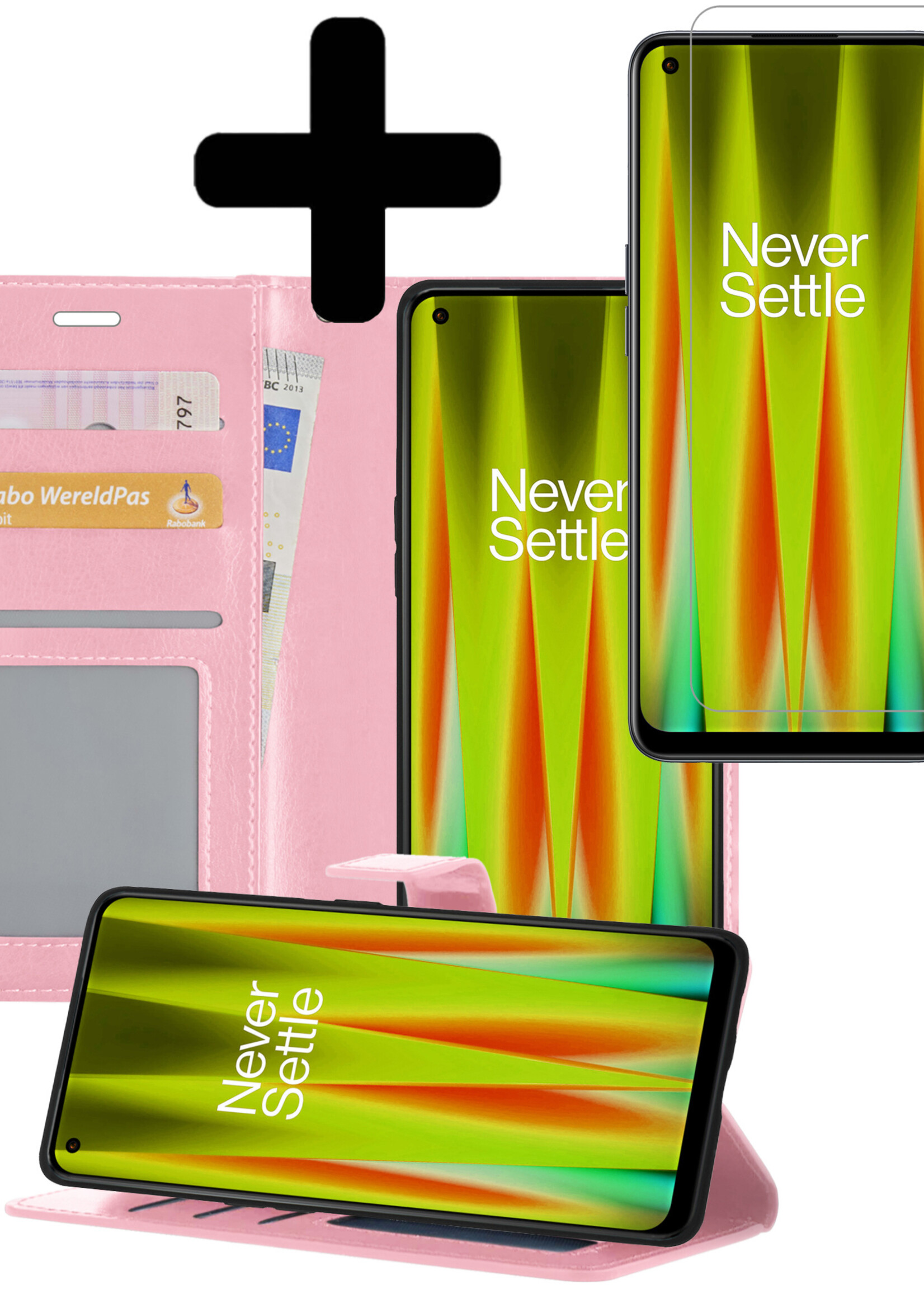 Hoesje Geschikt voor OnePlus Nord CE 2 Lite Hoesje Book Case Hoes Wallet Cover Met Screenprotector - Hoes Geschikt voor OnePlus Nord CE 2 Lite Hoesje Bookcase Hoes - Lichtroze