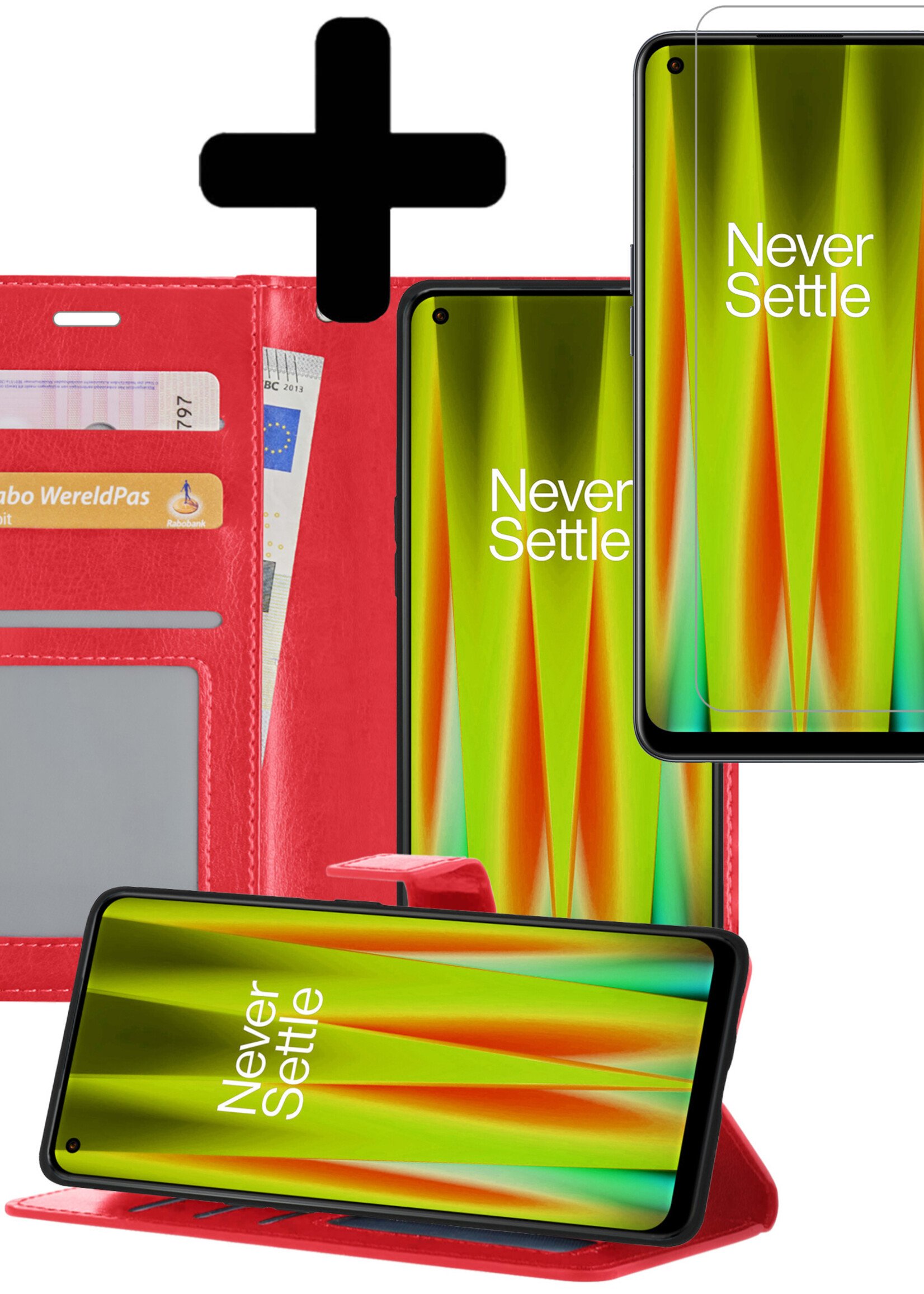 Hoesje Geschikt voor OnePlus Nord CE 2 Lite Hoesje Book Case Hoes Wallet Cover Met Screenprotector - Hoes Geschikt voor OnePlus Nord CE 2 Lite Hoesje Bookcase Hoes - Rood