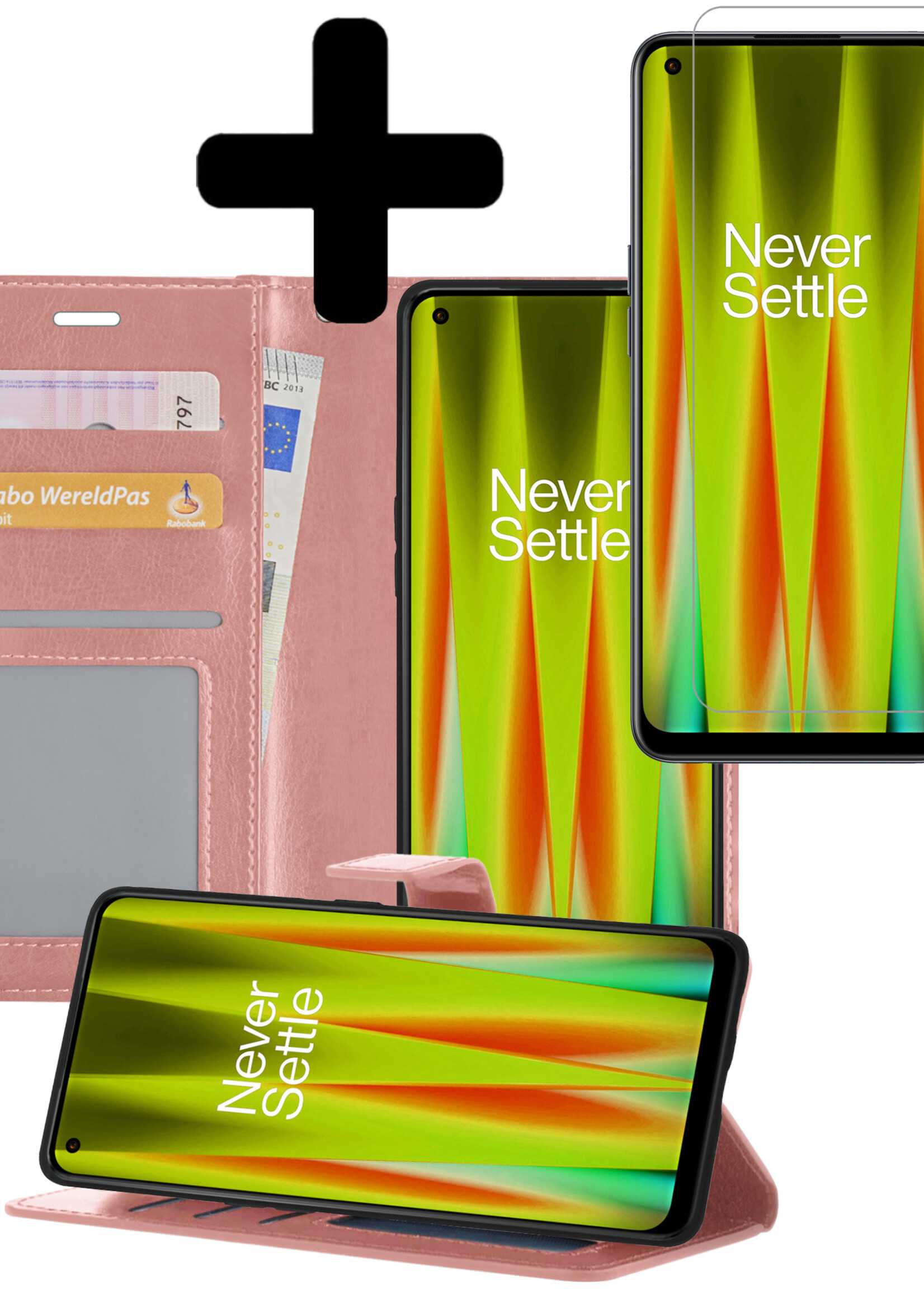 Hoesje Geschikt voor OnePlus Nord CE 2 Lite Hoesje Book Case Hoes Wallet Cover Met Screenprotector - Hoes Geschikt voor OnePlus Nord CE 2 Lite Hoesje Bookcase Hoes - Rosé goud