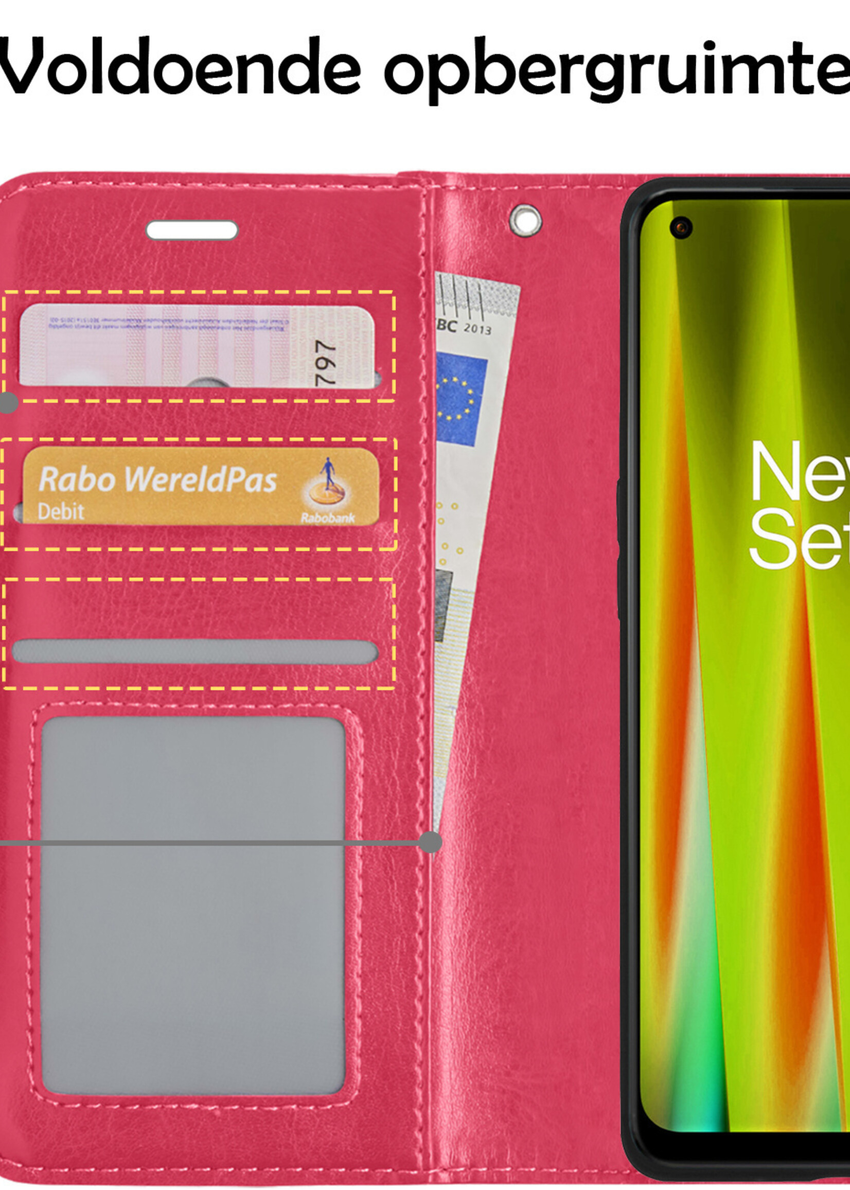 LUQ Hoesje Geschikt voor OnePlus Nord CE 2 Lite Hoesje Book Case Hoes Wallet Cover Met 2x Screenprotector - Hoes Geschikt voor OnePlus Nord CE 2 Lite Hoesje Bookcase Hoes - Donkerroze