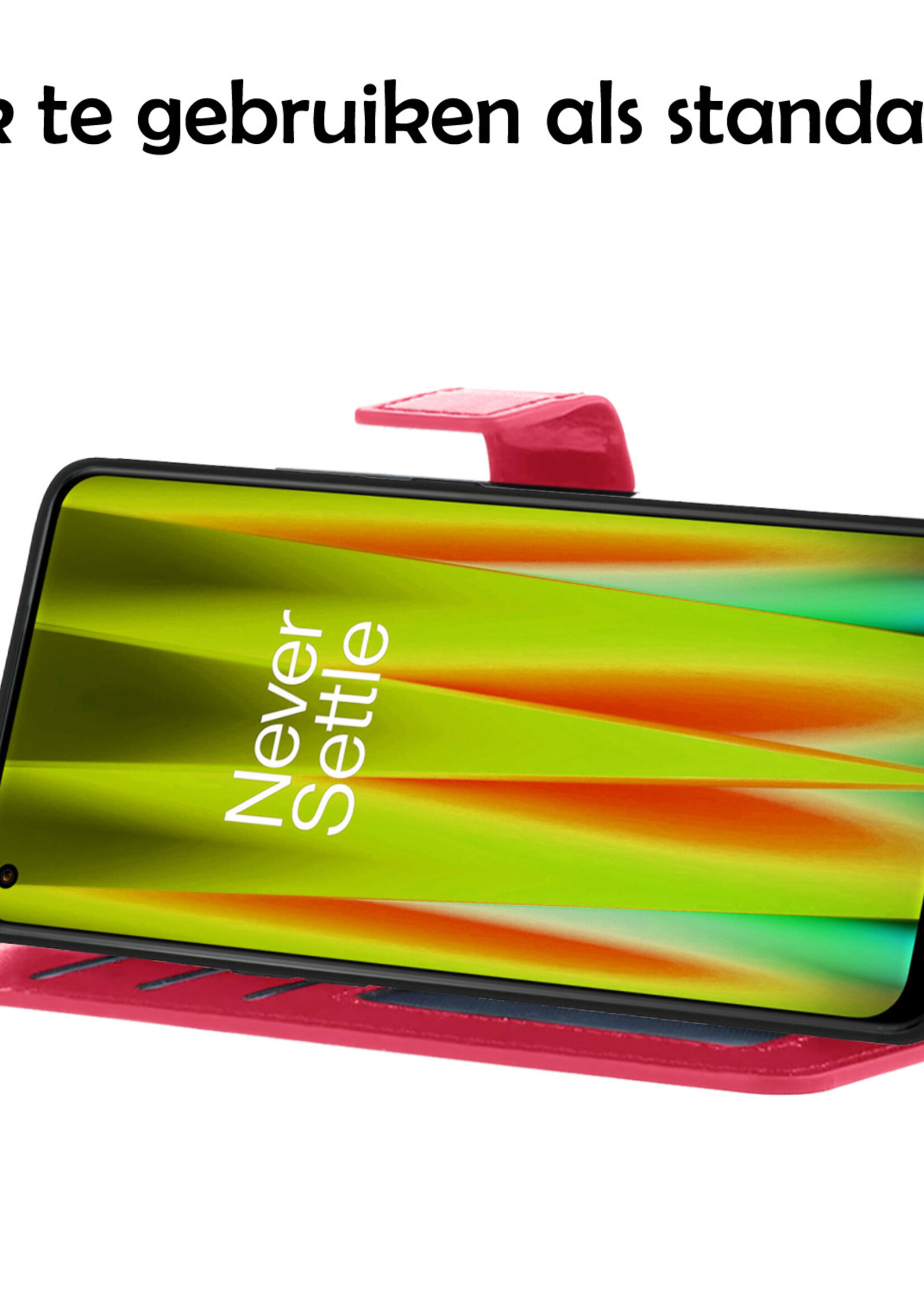 LUQ Hoesje Geschikt voor OnePlus Nord CE 2 Lite Hoesje Book Case Hoes Wallet Cover Met 2x Screenprotector - Hoes Geschikt voor OnePlus Nord CE 2 Lite Hoesje Bookcase Hoes - Donkerroze