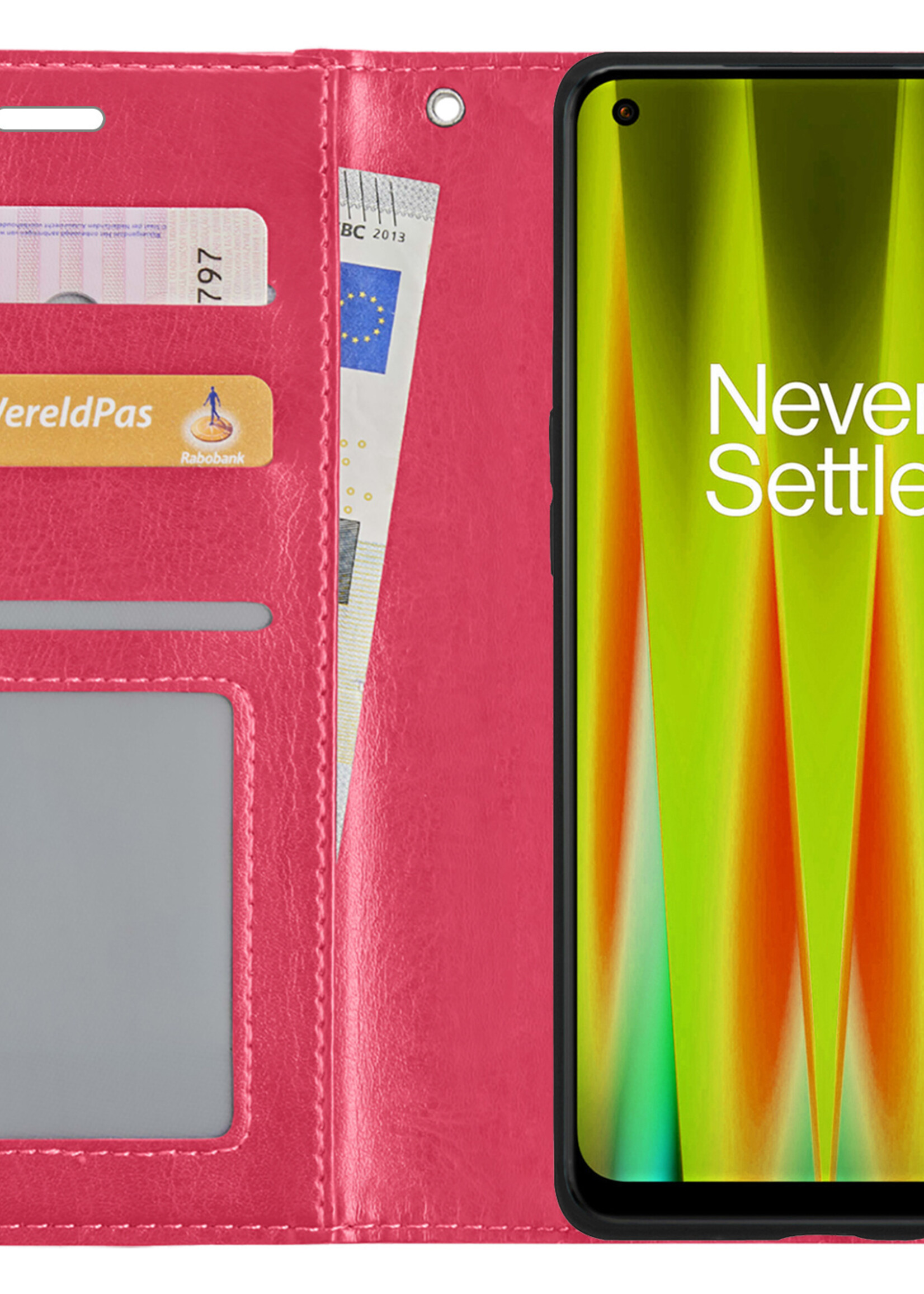 LUQ Hoesje Geschikt voor OnePlus Nord CE 2 Lite Hoesje Book Case Hoes Wallet Cover Met 2x Screenprotector - Hoes Geschikt voor OnePlus Nord CE 2 Lite Hoesje Bookcase Hoes - Donkerroze