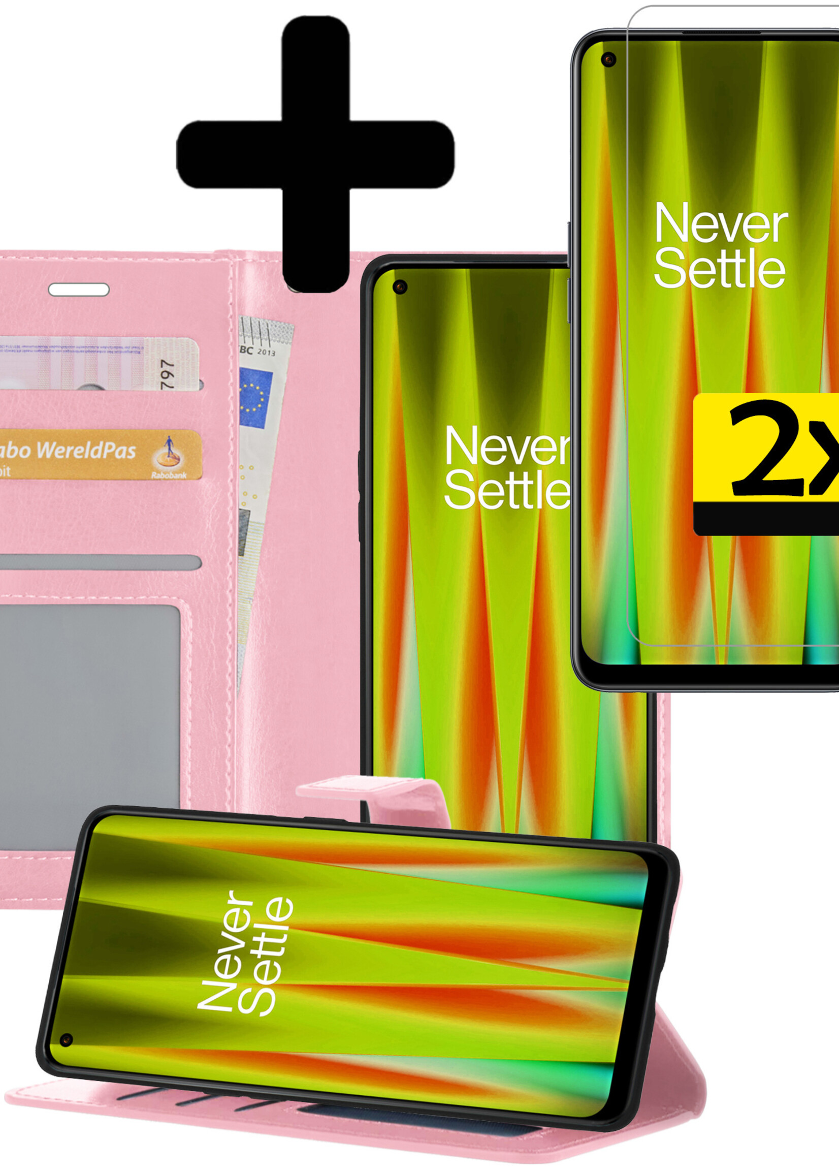 Hoesje Geschikt voor OnePlus Nord CE 2 Lite Hoesje Book Case Hoes Wallet Cover Met 2x Screenprotector - Hoes Geschikt voor OnePlus Nord CE 2 Lite Hoesje Bookcase Hoes - Lichtroze