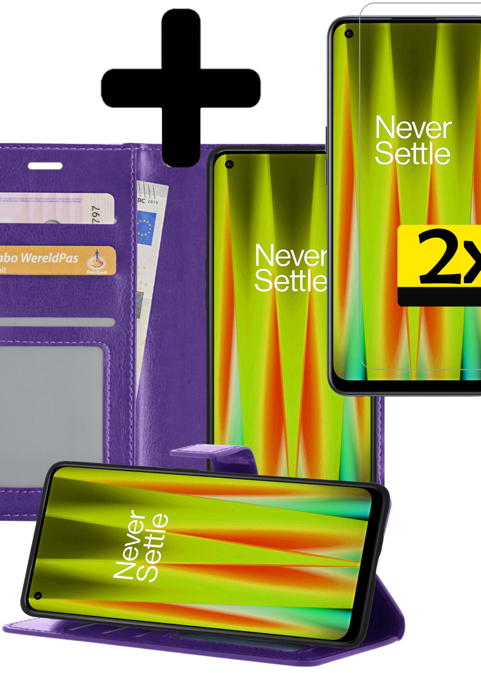 Hoesje Geschikt voor OnePlus Nord CE 2 Lite Hoesje Book Case Hoes Wallet Cover Met 2x Screenprotector - Hoes Geschikt voor OnePlus Nord CE 2 Lite Hoesje Bookcase Hoes - Paars