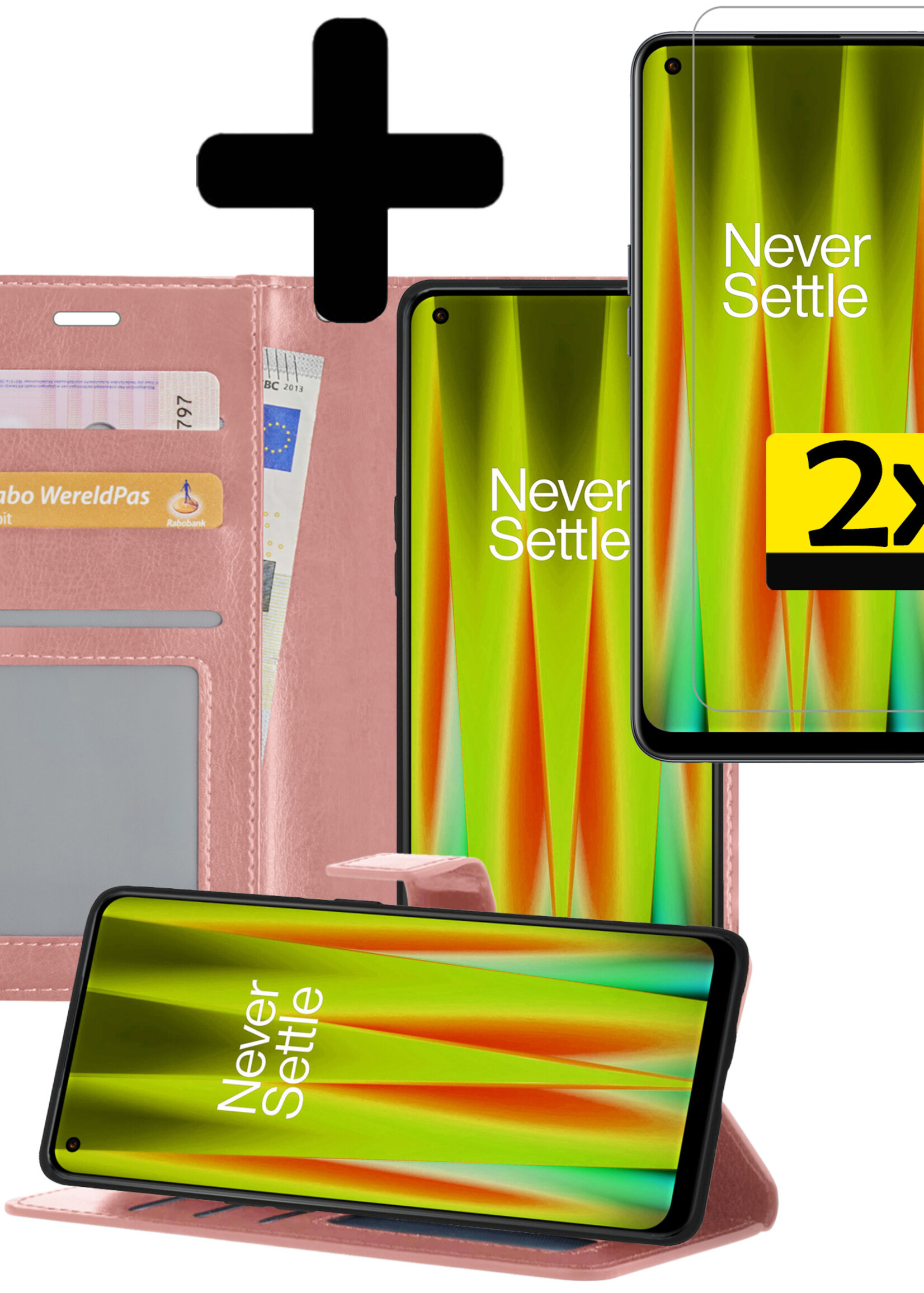Hoesje Geschikt voor OnePlus Nord CE 2 Lite Hoesje Book Case Hoes Wallet Cover Met 2x Screenprotector - Hoes Geschikt voor OnePlus Nord CE 2 Lite Hoesje Bookcase Hoes - Rosé goud
