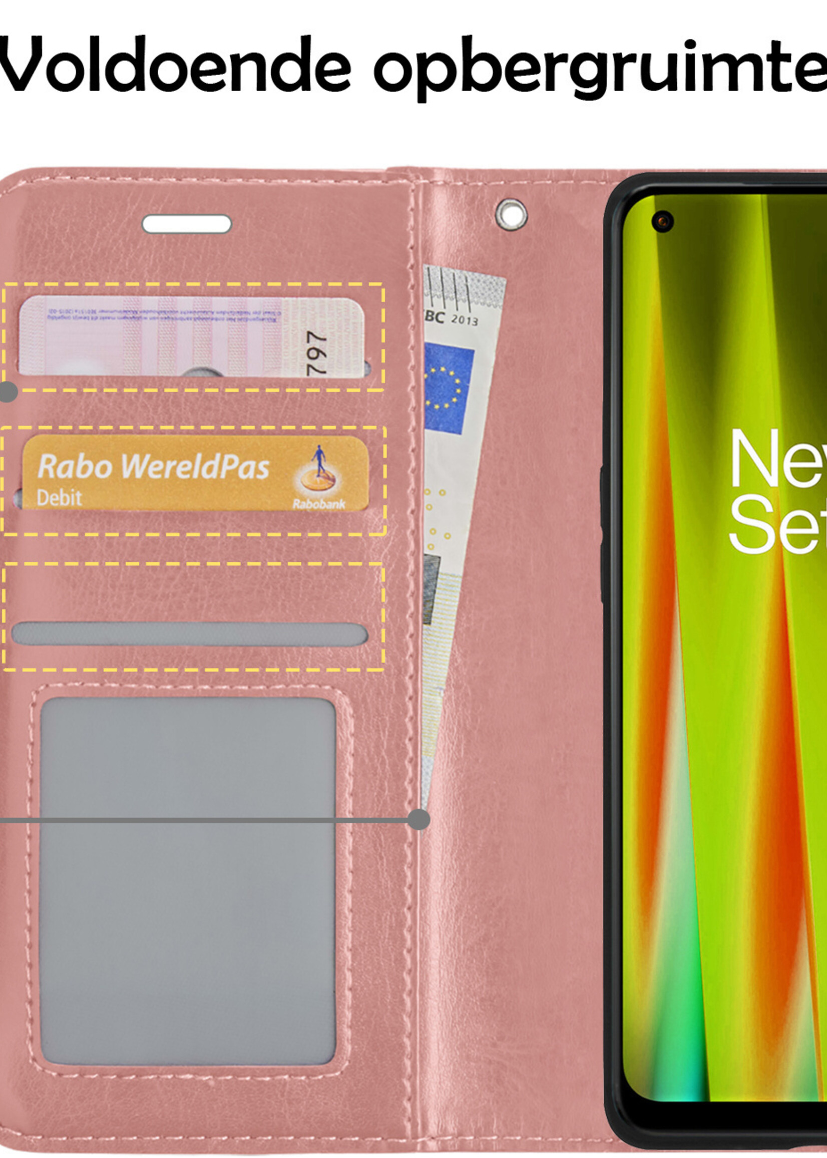 LUQ Hoesje Geschikt voor OnePlus Nord CE 2 Lite Hoesje Book Case Hoes Wallet Cover Met 2x Screenprotector - Hoes Geschikt voor OnePlus Nord CE 2 Lite Hoesje Bookcase Hoes - Rosé goud