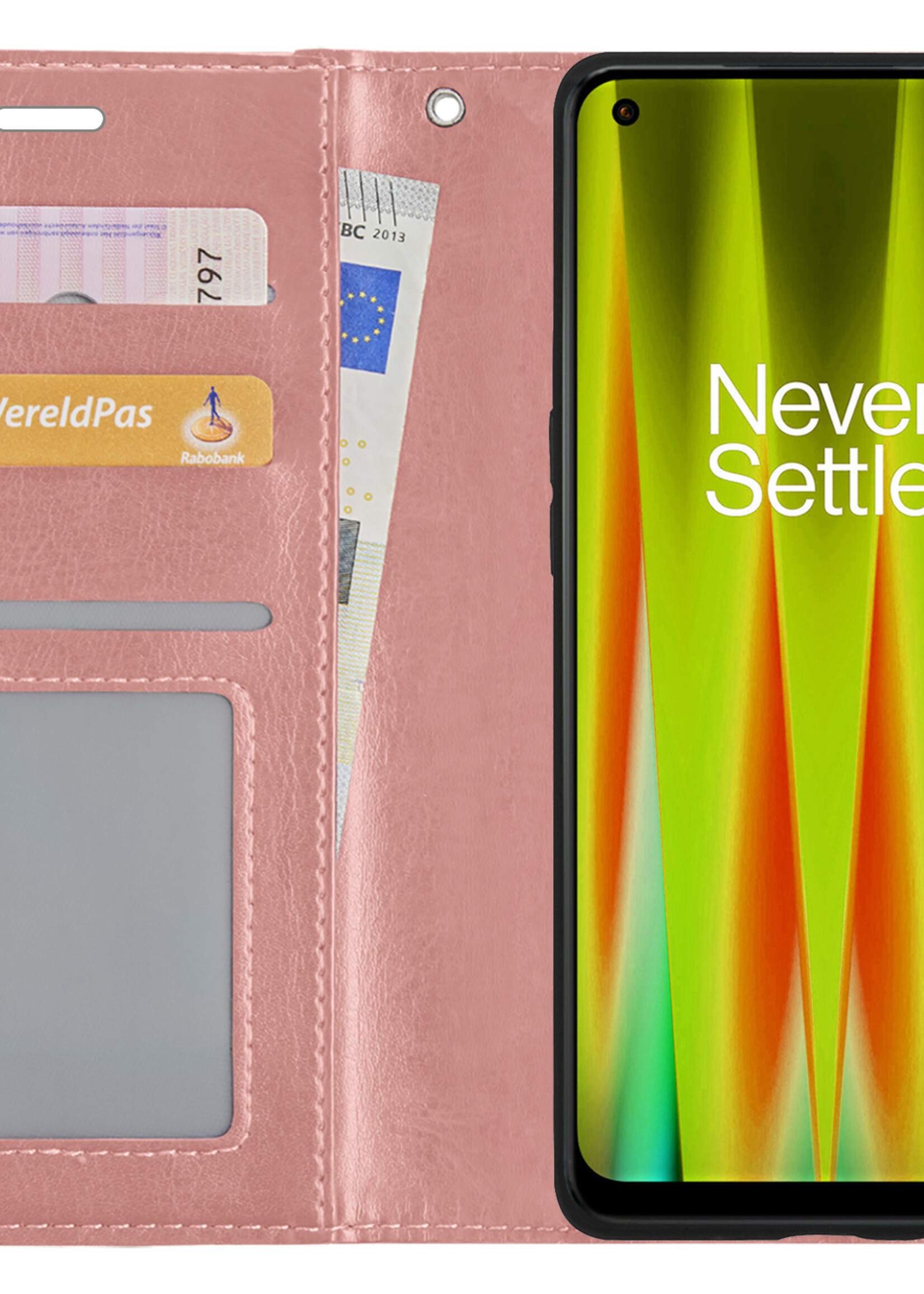 LUQ Hoesje Geschikt voor OnePlus Nord CE 2 Lite Hoesje Book Case Hoes Wallet Cover Met 2x Screenprotector - Hoes Geschikt voor OnePlus Nord CE 2 Lite Hoesje Bookcase Hoes - Rosé goud