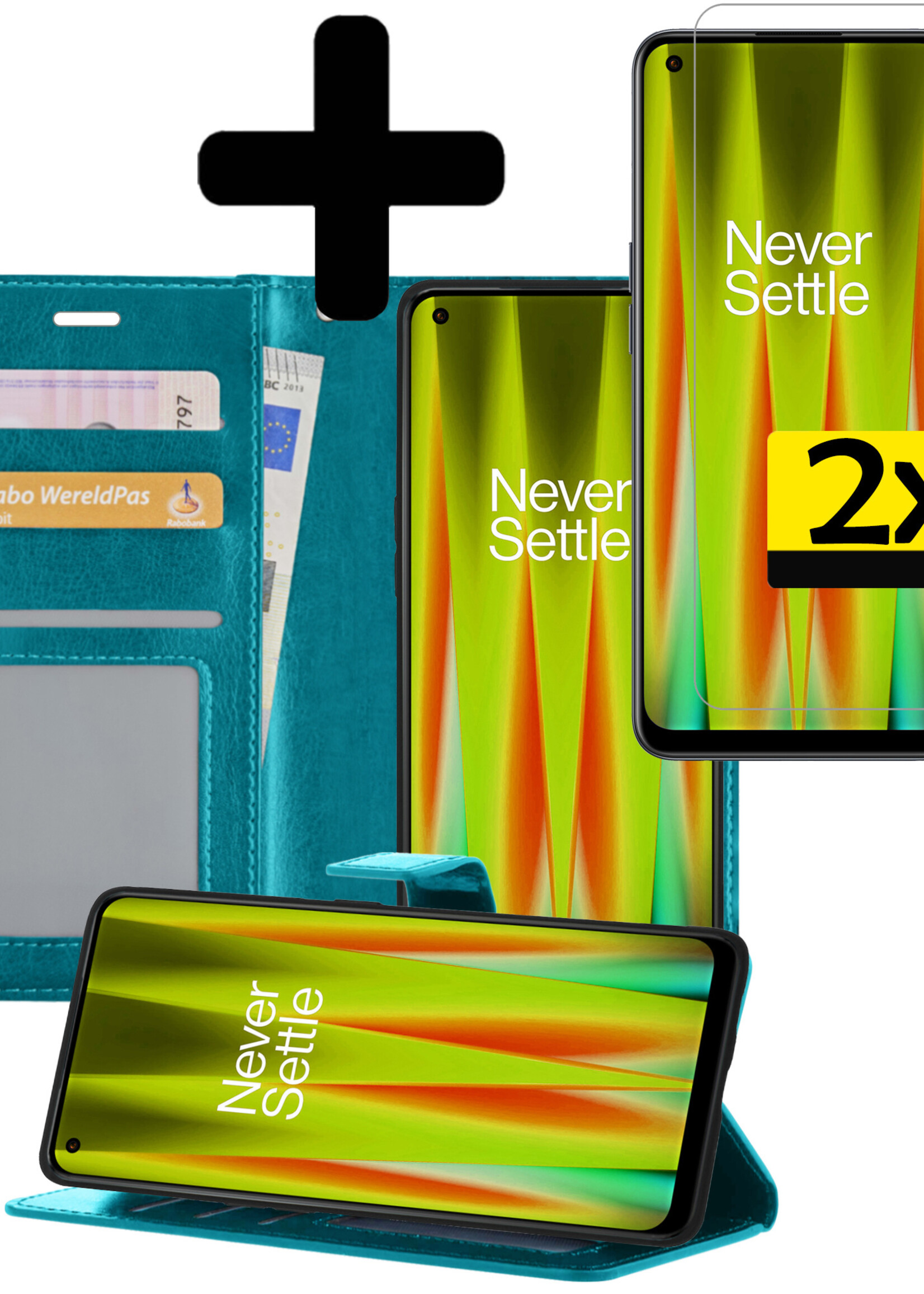 LUQ Hoesje Geschikt voor OnePlus Nord CE 2 Lite Hoesje Book Case Hoes Wallet Cover Met 2x Screenprotector - Hoes Geschikt voor OnePlus Nord CE 2 Lite Hoesje Bookcase Hoes - Turquoise