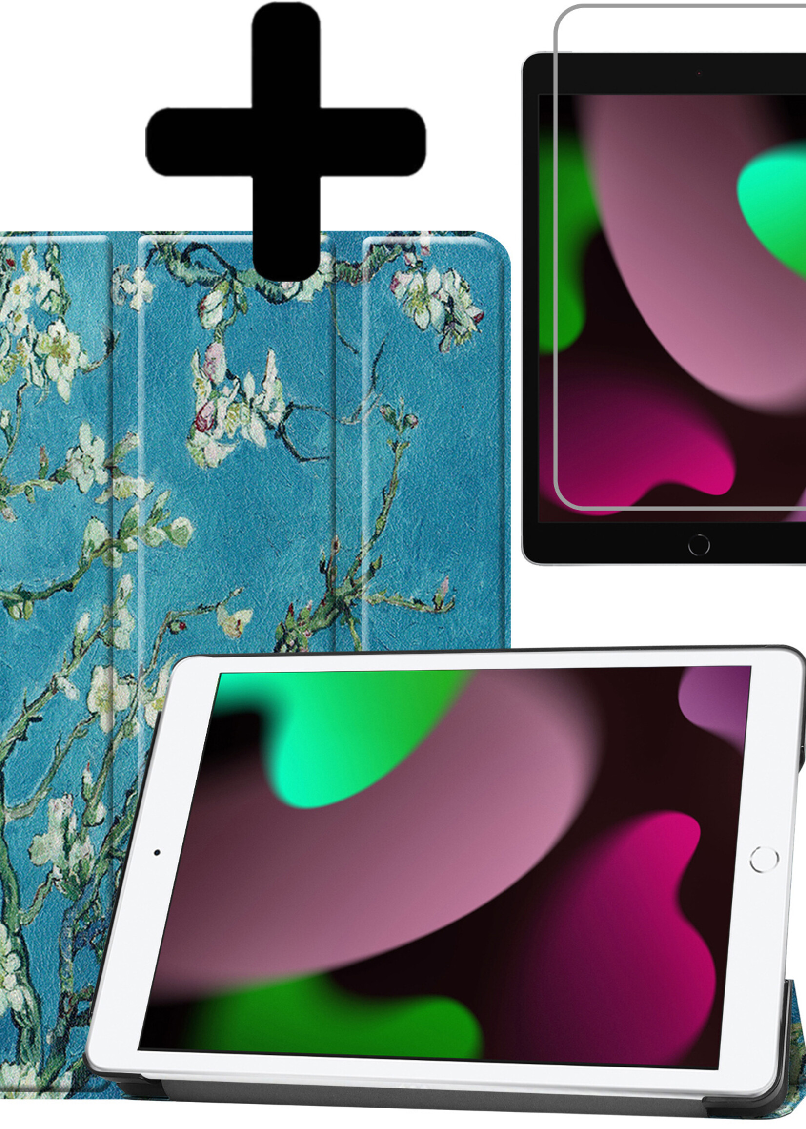 LUQ Hoes Geschikt voor iPad 10.2 2021 Hoes Luxe Hoesje Book Case Met Screenprotector - Hoesje Geschikt voor iPad 9 Hoes Cover - Bloesem