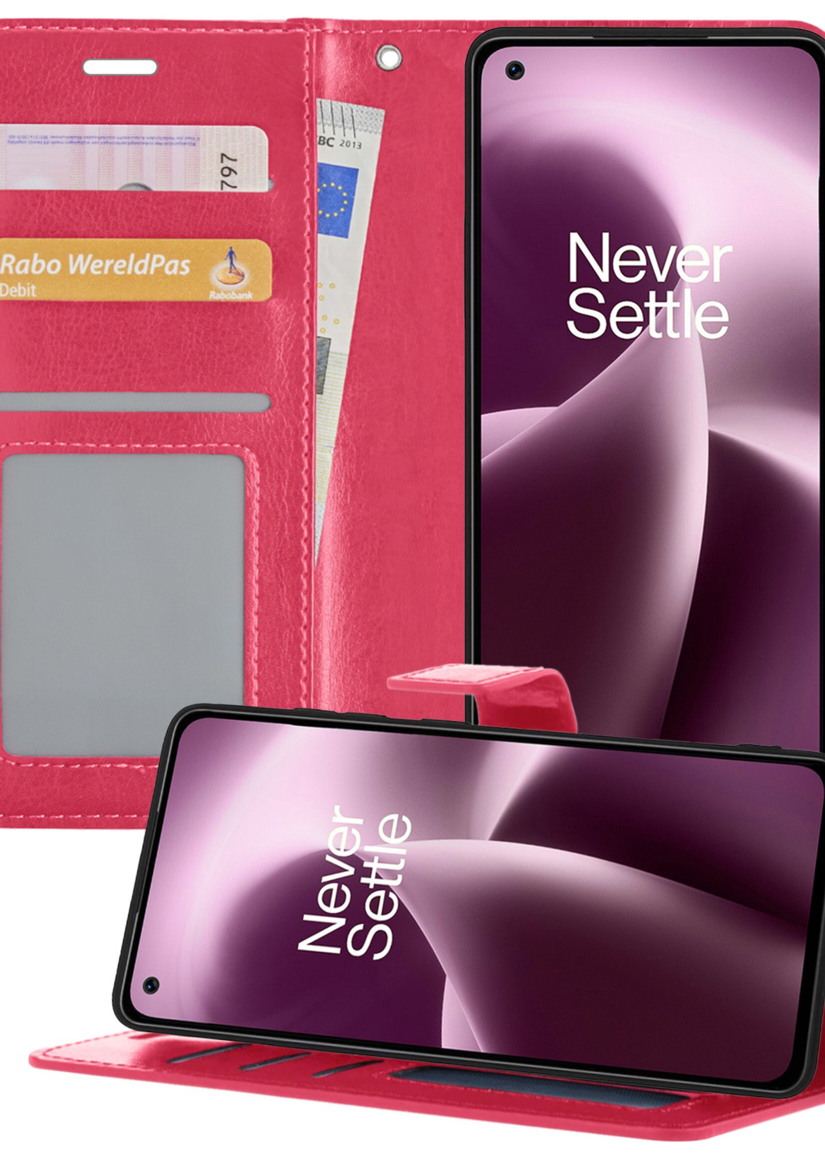 LUQ Hoesje Geschikt voor OnePlus Nord 2T Hoesje Book Case Hoes Wallet Cover - Hoes Geschikt voor OnePlus Nord 2T Hoesje Bookcase Hoes - Donkerroze