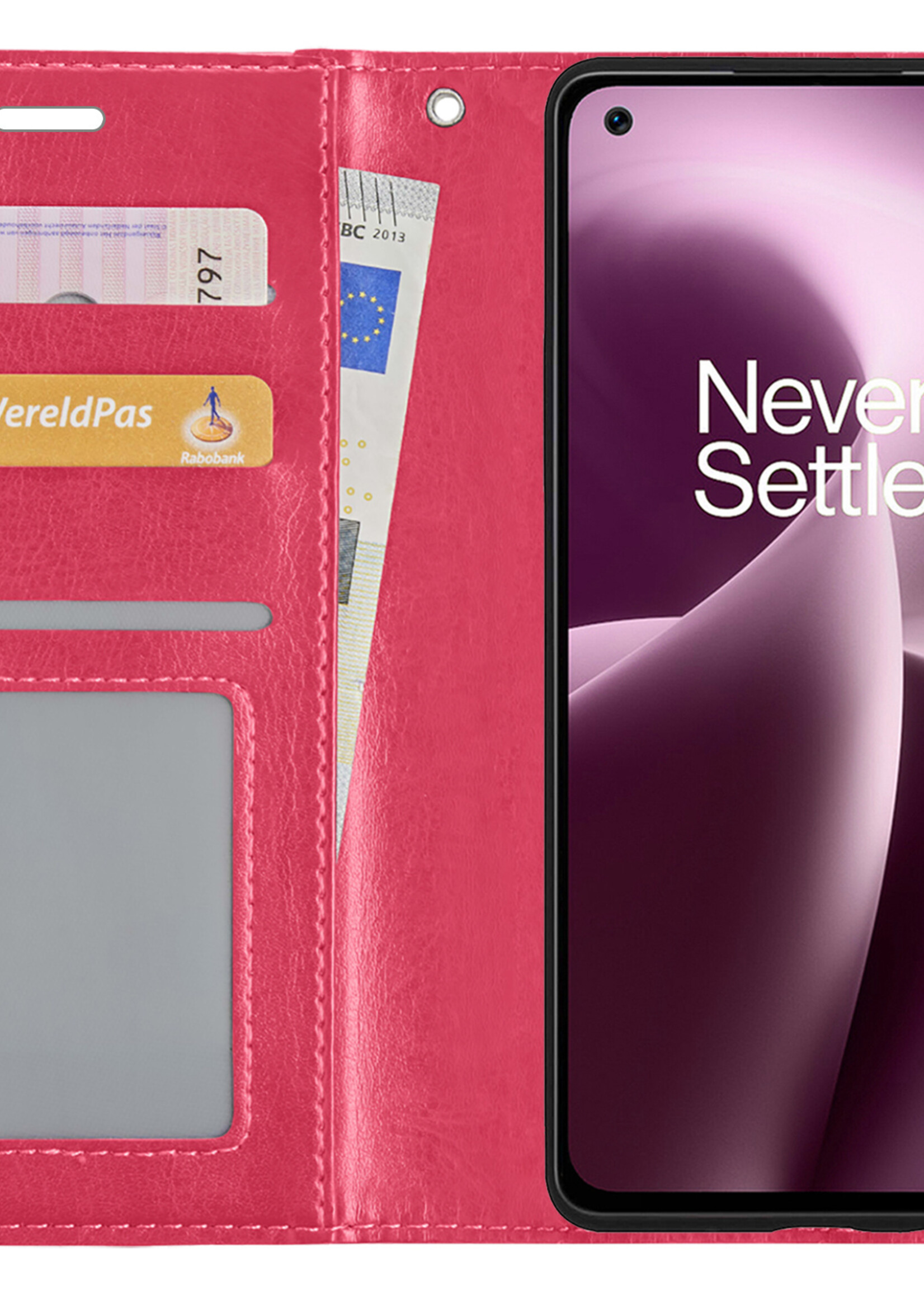 LUQ Hoesje Geschikt voor OnePlus Nord 2T Hoesje Book Case Hoes Wallet Cover Met Screenprotector - Hoes Geschikt voor OnePlus Nord 2T Hoesje Bookcase Hoes - Donkerroze