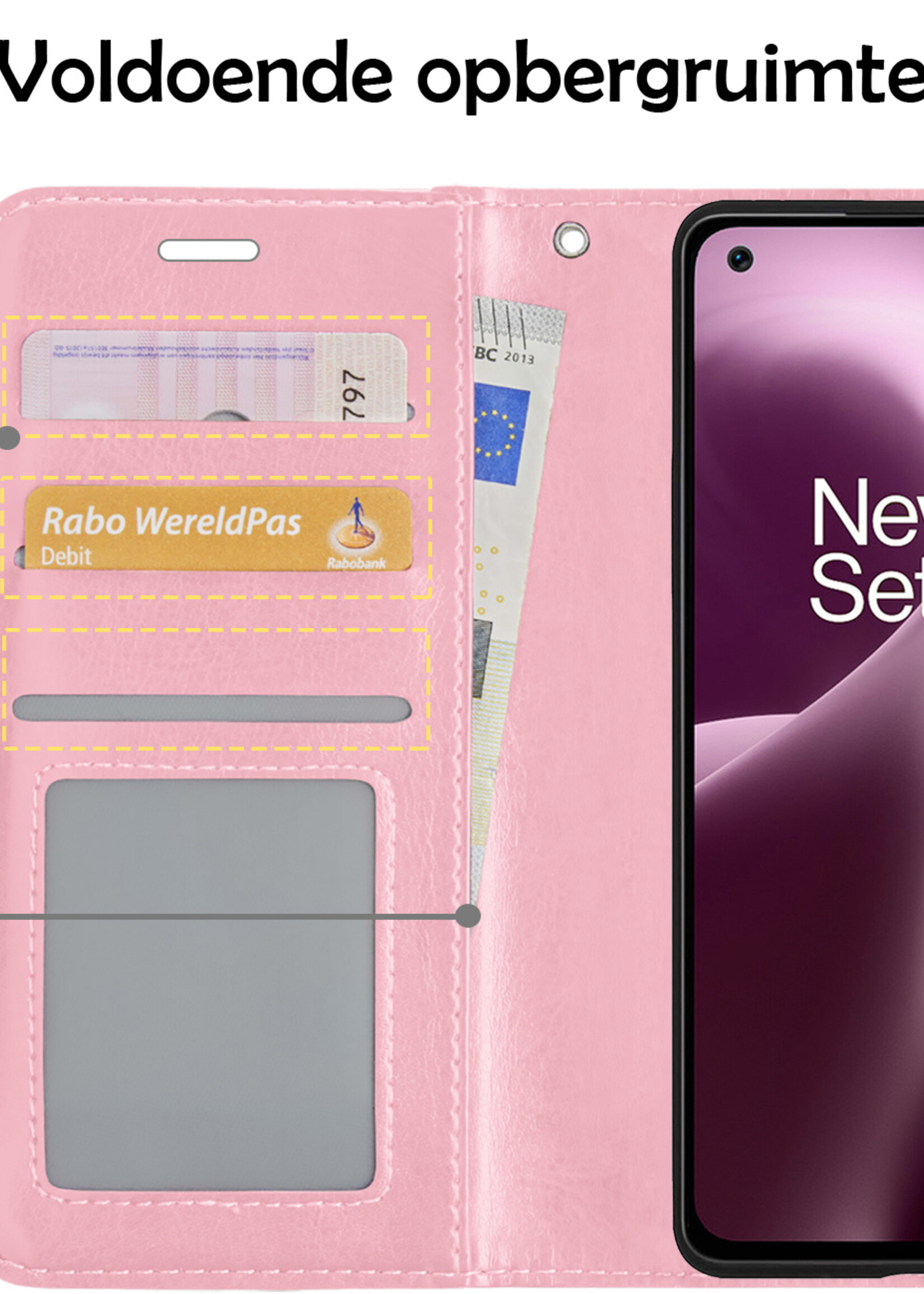 LUQ Hoesje Geschikt voor OnePlus Nord 2T Hoesje Book Case Hoes Wallet Cover Met 2x Screenprotector - Hoes Geschikt voor OnePlus Nord 2T Hoesje Bookcase Hoes - Lichtroze