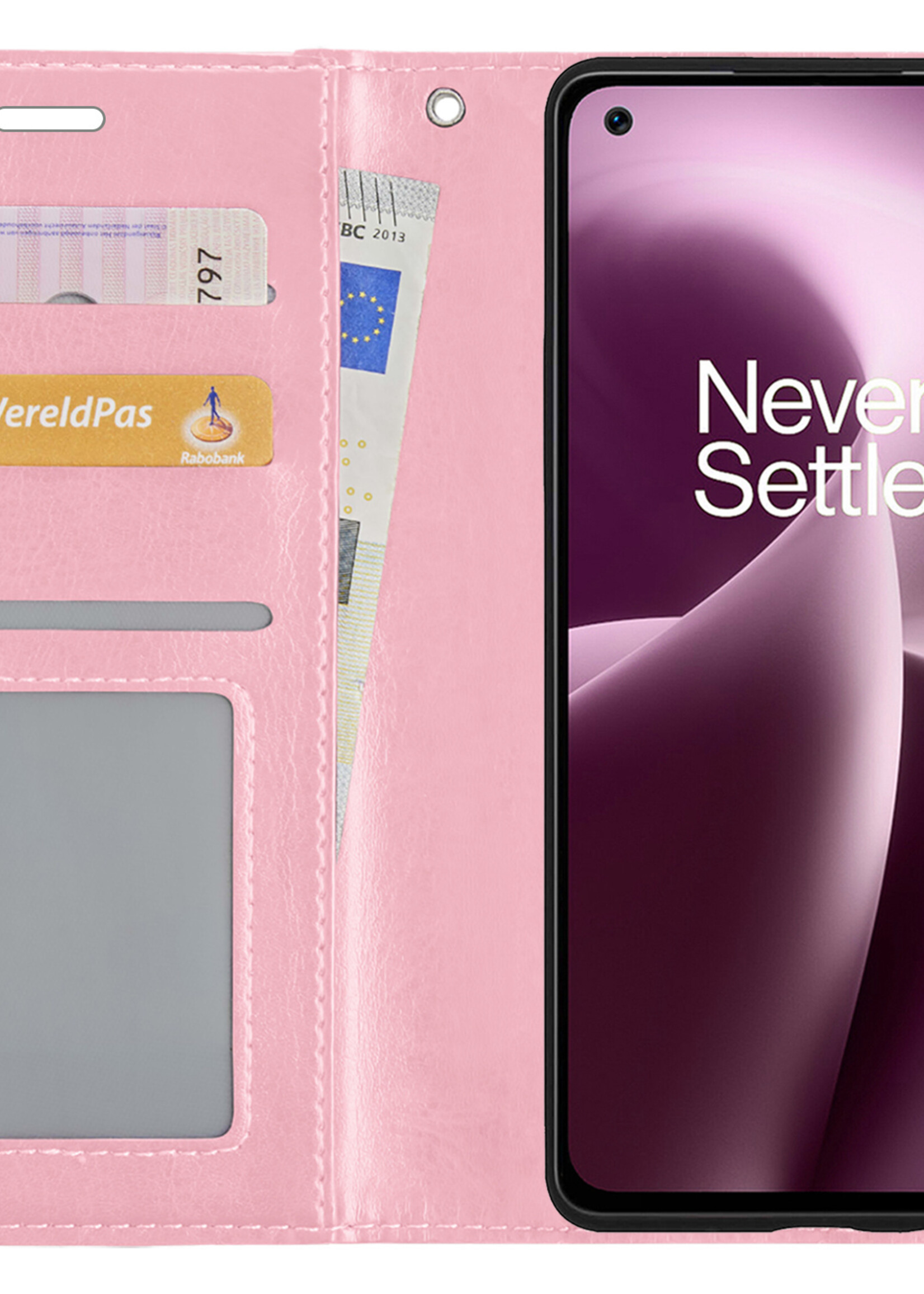 LUQ Hoesje Geschikt voor OnePlus Nord 2T Hoesje Book Case Hoes Wallet Cover Met 2x Screenprotector - Hoes Geschikt voor OnePlus Nord 2T Hoesje Bookcase Hoes - Lichtroze