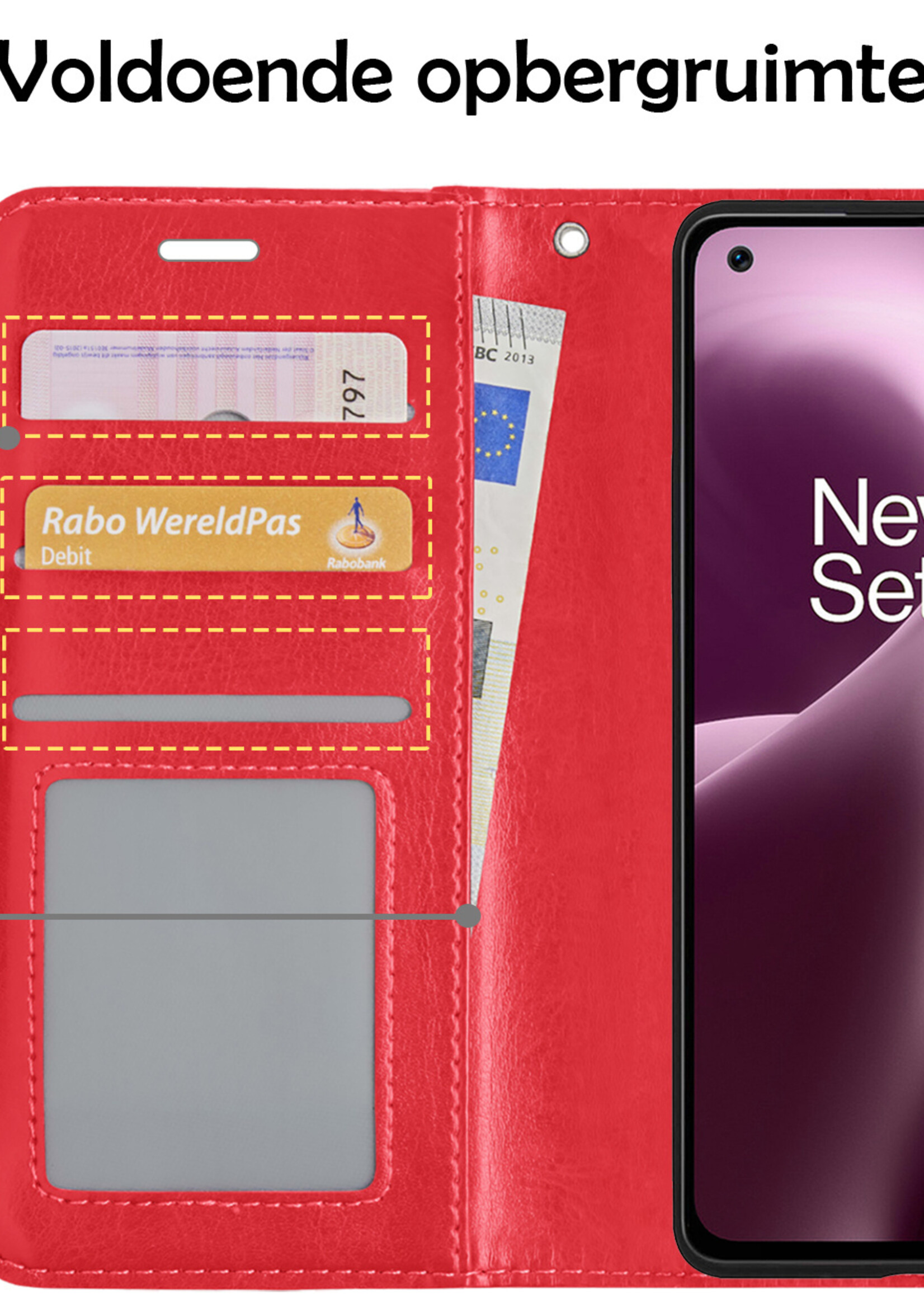 LUQ Hoesje Geschikt voor OnePlus Nord 2T Hoesje Book Case Hoes Wallet Cover Met 2x Screenprotector - Hoes Geschikt voor OnePlus Nord 2T Hoesje Bookcase Hoes - Rood