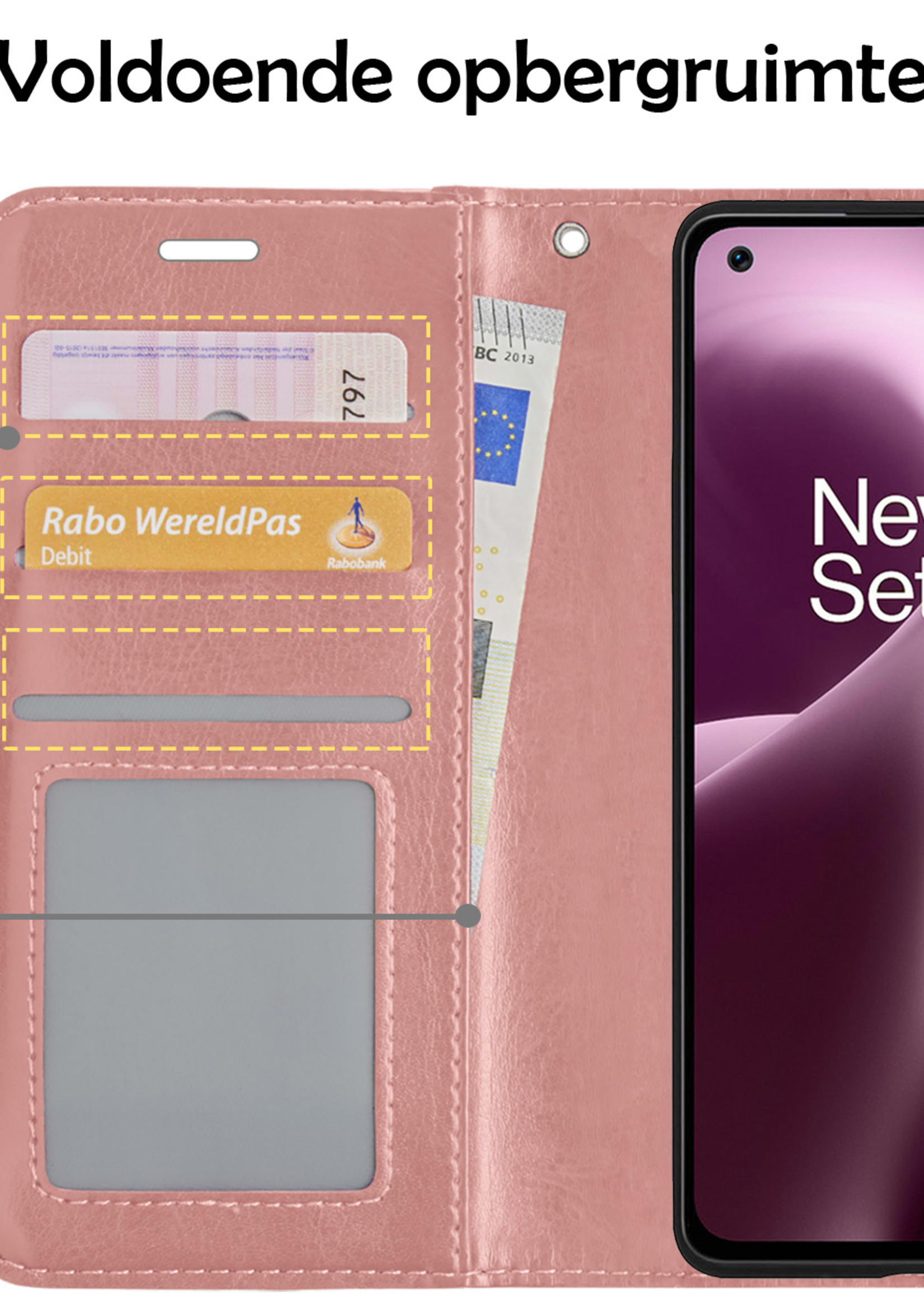 LUQ Hoesje Geschikt voor OnePlus Nord 2T Hoesje Book Case Hoes Wallet Cover Met 2x Screenprotector - Hoes Geschikt voor OnePlus Nord 2T Hoesje Bookcase Hoes - Rosé goud