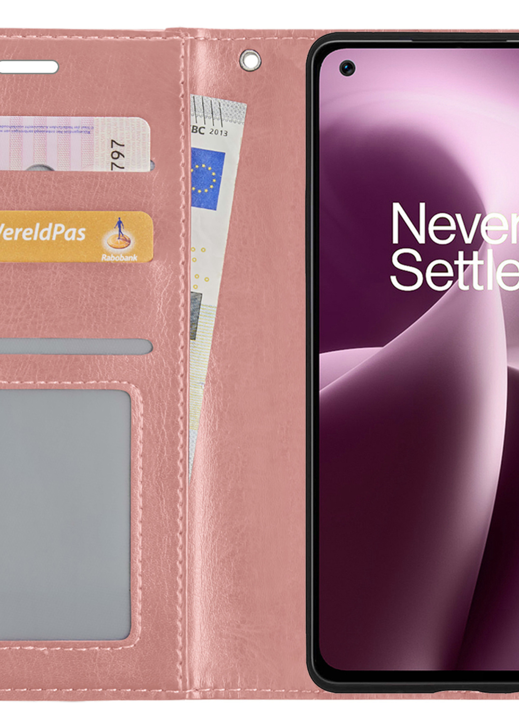 LUQ Hoesje Geschikt voor OnePlus Nord 2T Hoesje Book Case Hoes Wallet Cover Met 2x Screenprotector - Hoes Geschikt voor OnePlus Nord 2T Hoesje Bookcase Hoes - Rosé goud