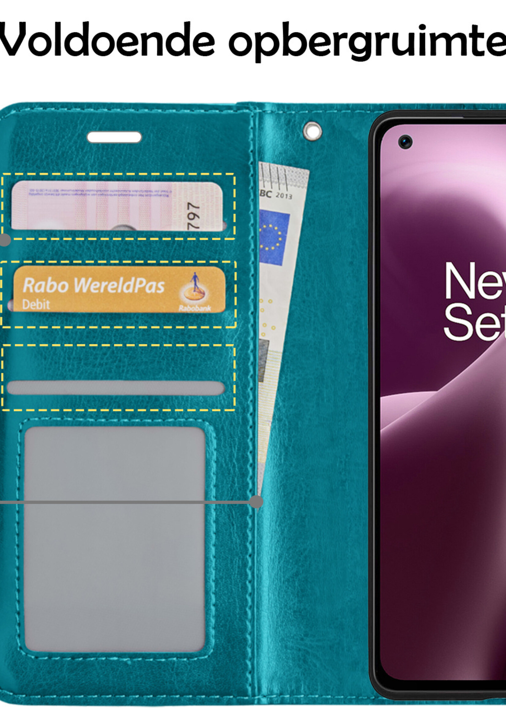 LUQ Hoesje Geschikt voor OnePlus Nord 2T Hoesje Book Case Hoes Wallet Cover Met 2x Screenprotector - Hoes Geschikt voor OnePlus Nord 2T Hoesje Bookcase Hoes - Turquoise