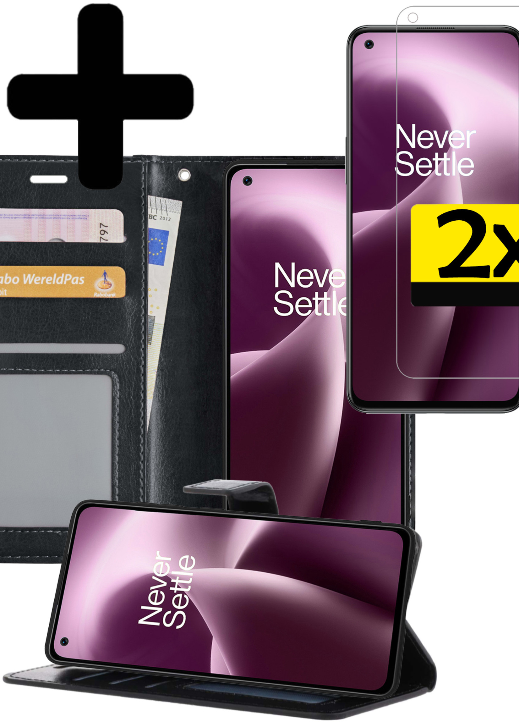LUQ Hoesje Geschikt voor OnePlus Nord 2T Hoesje Book Case Hoes Wallet Cover Met 2x Screenprotector - Hoes Geschikt voor OnePlus Nord 2T Hoesje Bookcase Hoes - Zwart