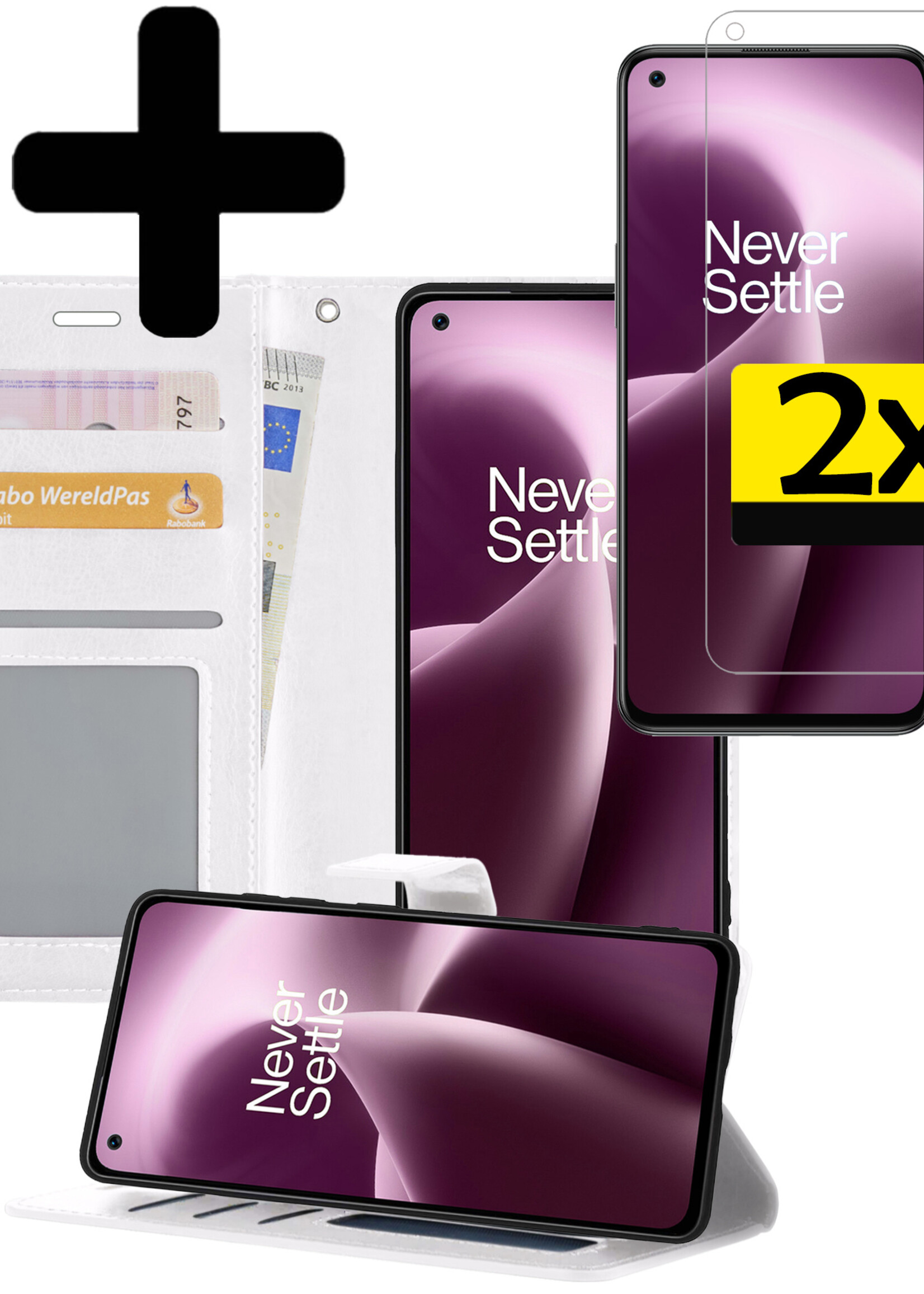 LUQ Hoesje Geschikt voor OnePlus Nord 2T Hoesje Book Case Hoes Wallet Cover Met 2x Screenprotector - Hoes Geschikt voor OnePlus Nord 2T Hoesje Bookcase Hoes - Wit