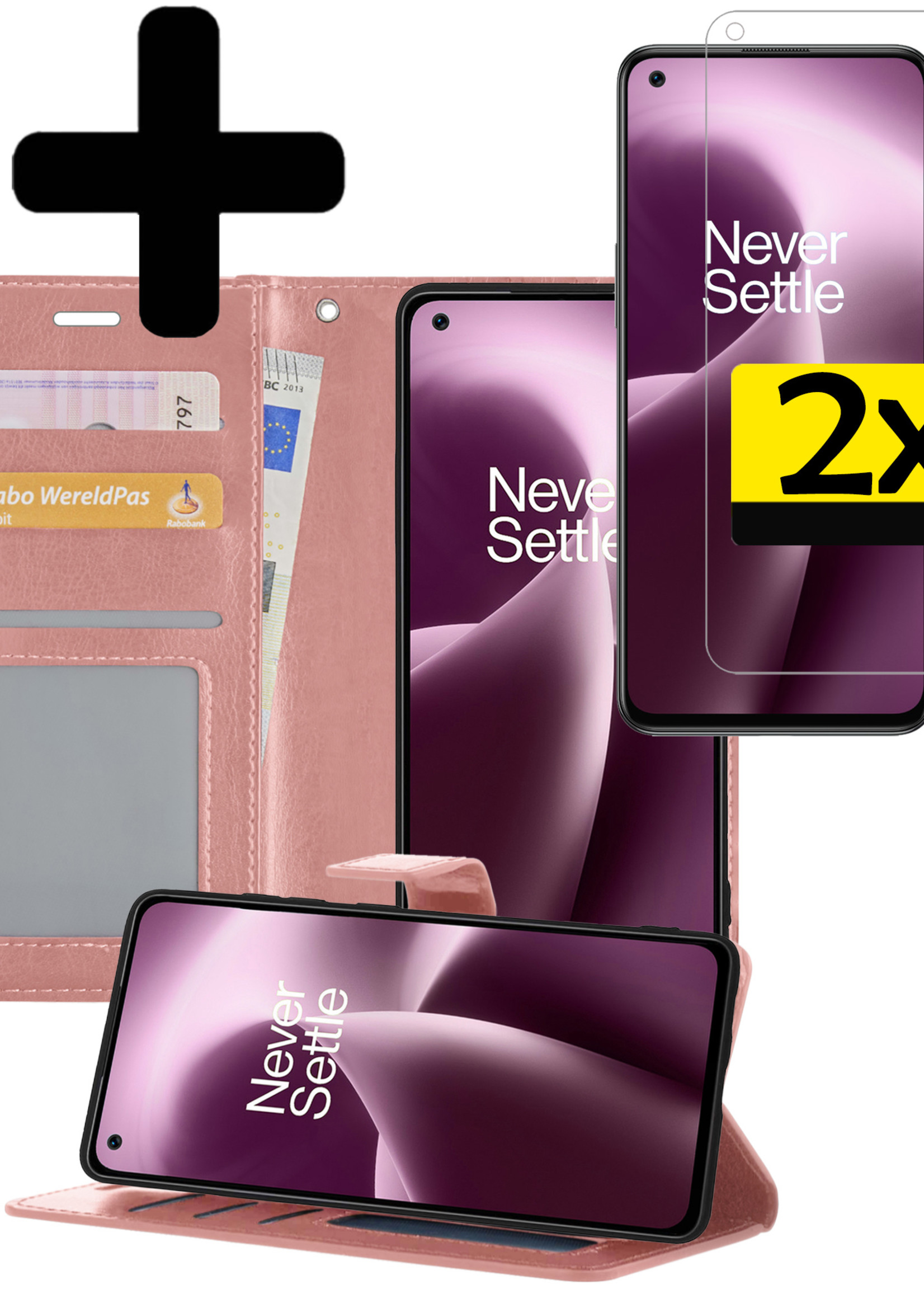 LUQ Hoesje Geschikt voor OnePlus Nord 2T Hoesje Book Case Hoes Wallet Cover Met 2x Screenprotector - Hoes Geschikt voor OnePlus Nord 2T Hoesje Bookcase Hoes - Rosé goud
