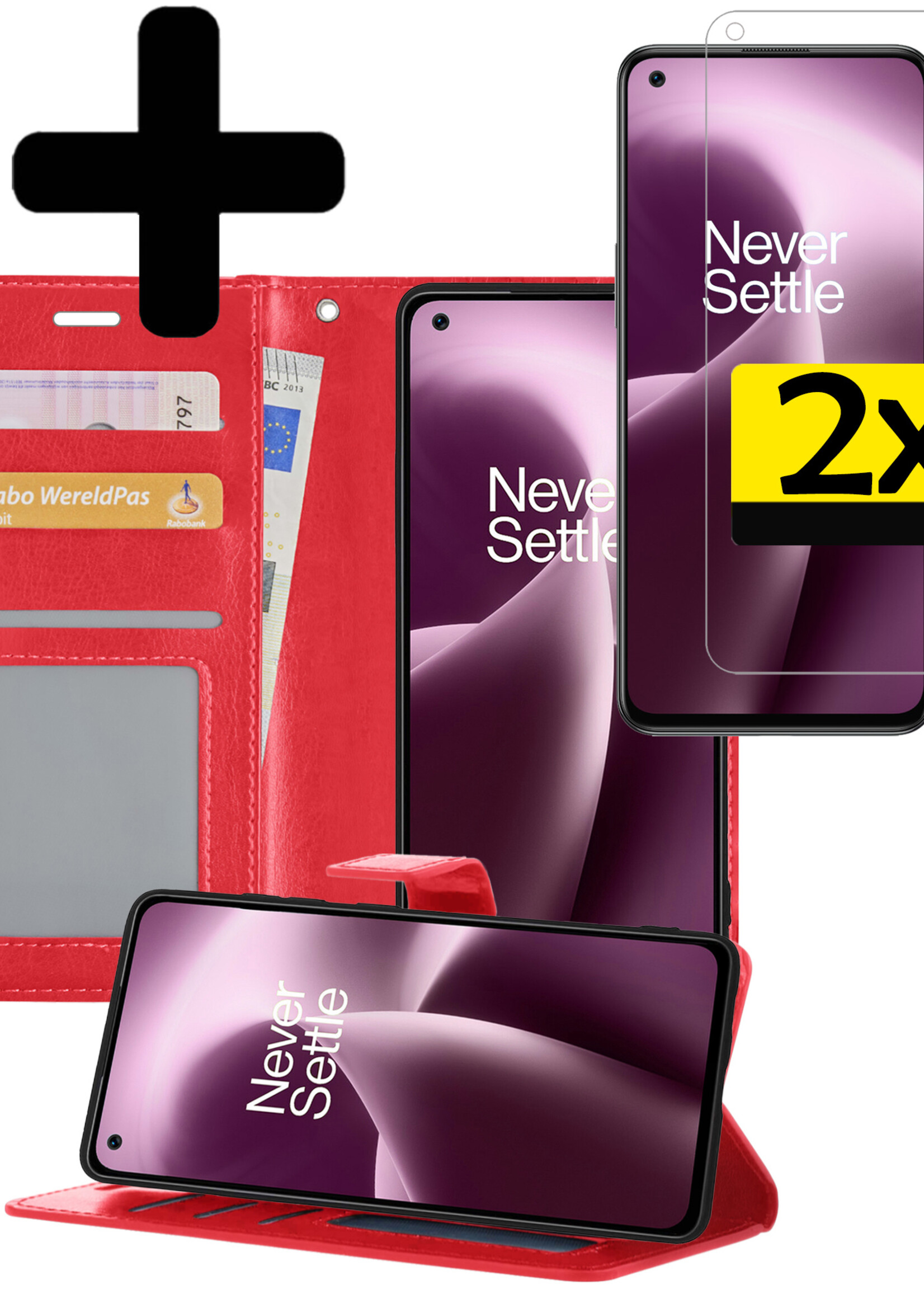 LUQ Hoesje Geschikt voor OnePlus Nord 2T Hoesje Book Case Hoes Wallet Cover Met 2x Screenprotector - Hoes Geschikt voor OnePlus Nord 2T Hoesje Bookcase Hoes - Rood