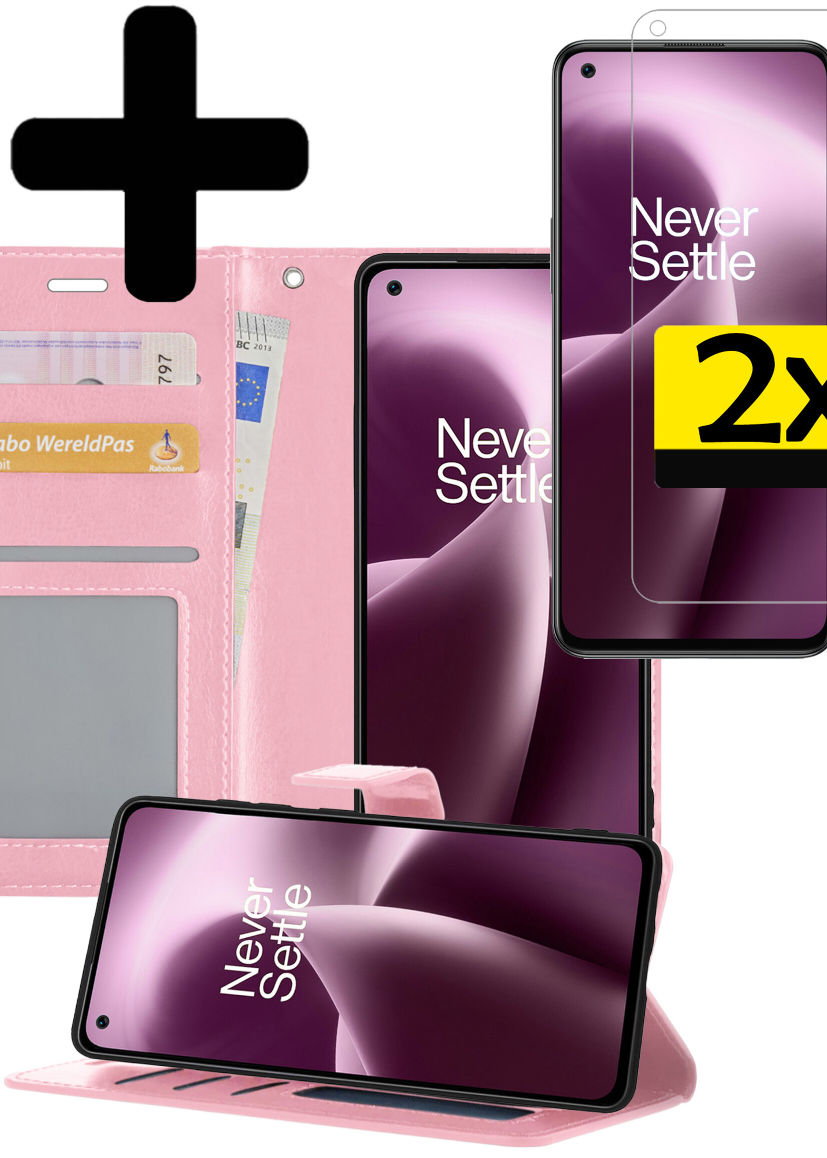 LUQ Hoesje Geschikt voor OnePlus Nord 2T Hoesje Book Case Hoes Wallet Cover Met 2x Screenprotector - Hoes Geschikt voor OnePlus Nord 2T Hoesje Bookcase Hoes - Lichtroze