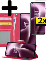 LUQ LUQ OnePlus Nord 2T Hoesje Bookcase Donkerroze Met 2x Screenprotector