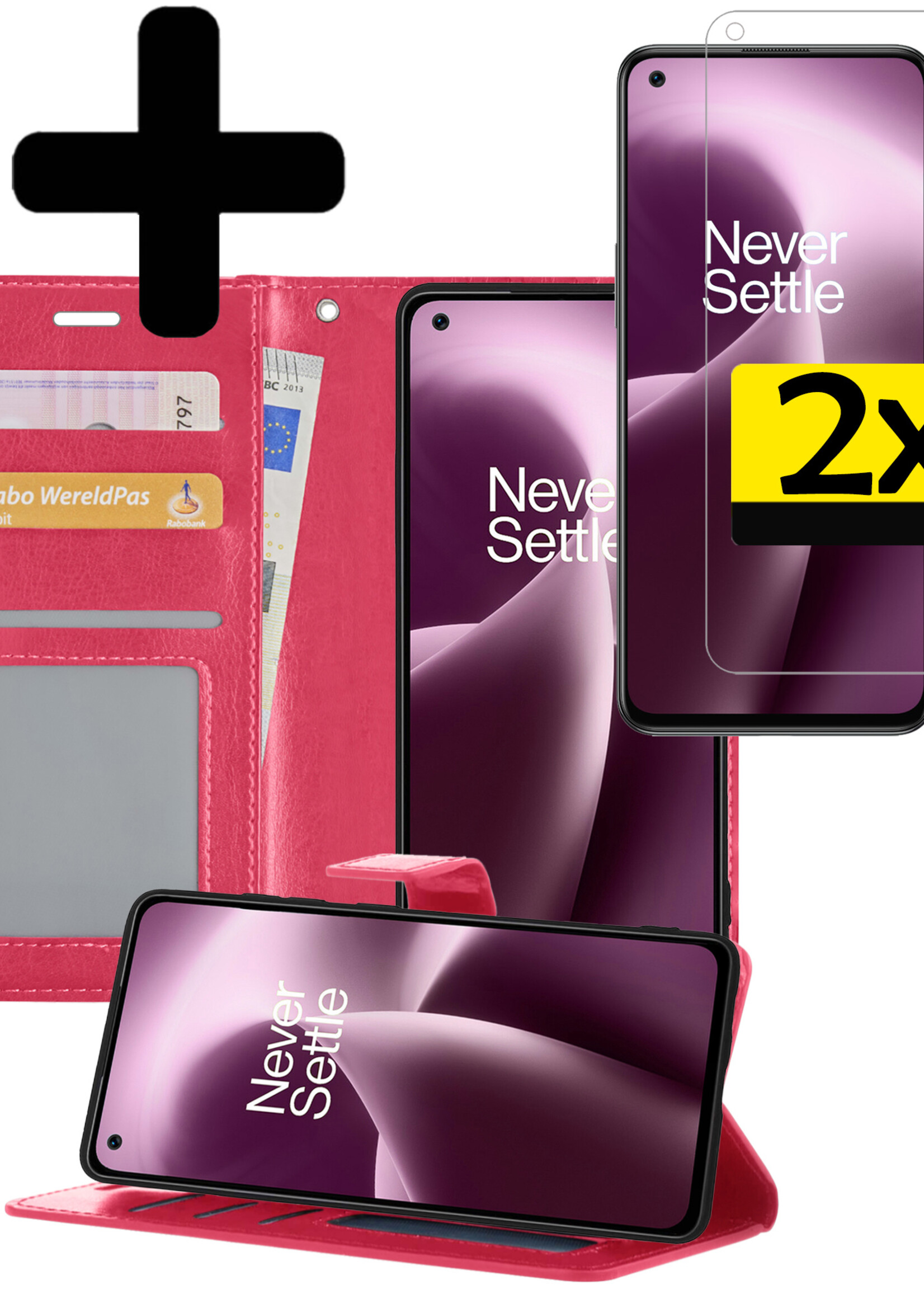 LUQ Hoesje Geschikt voor OnePlus Nord 2T Hoesje Book Case Hoes Wallet Cover Met 2x Screenprotector - Hoes Geschikt voor OnePlus Nord 2T Hoesje Bookcase Hoes - Donkerroze