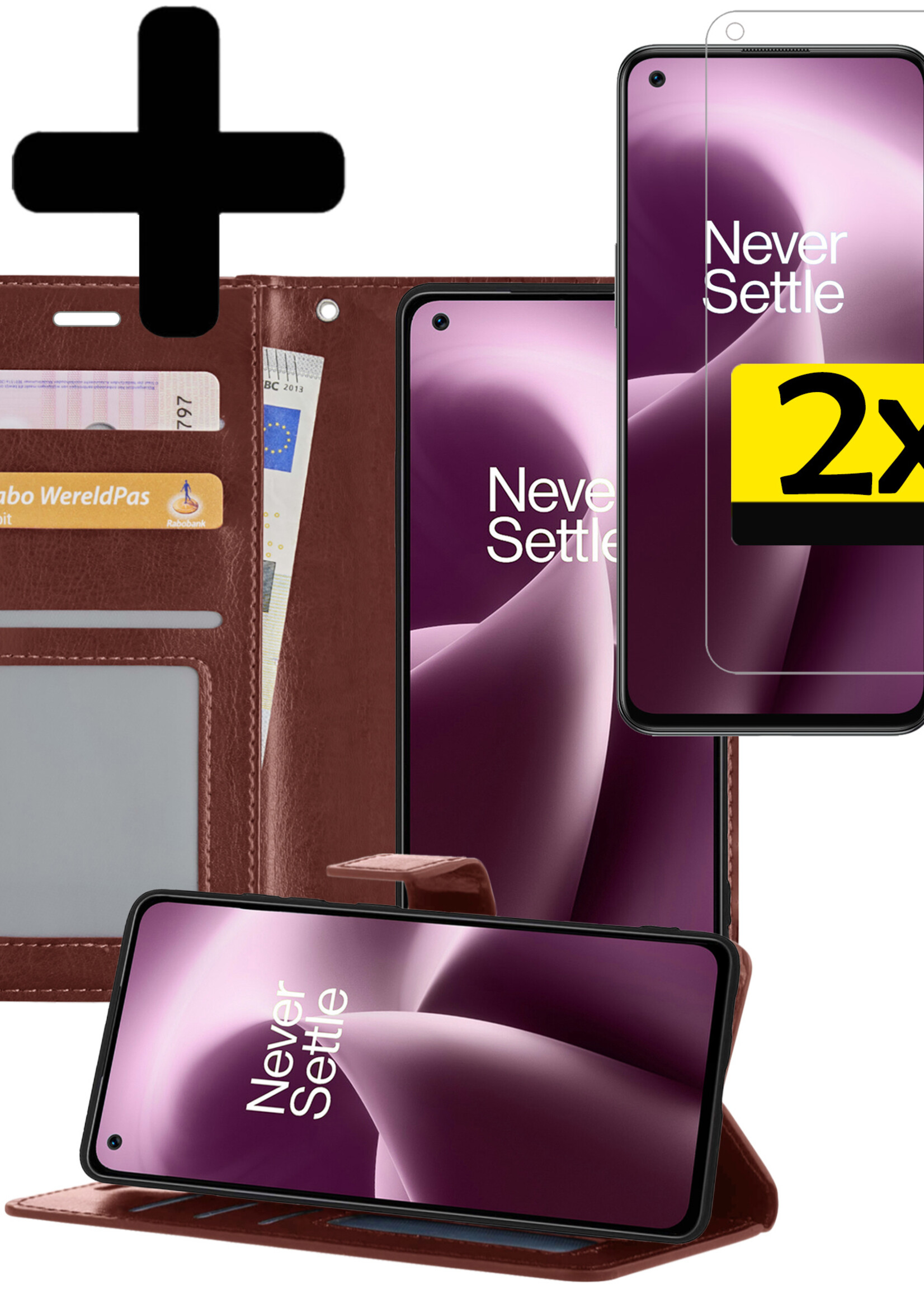LUQ Hoesje Geschikt voor OnePlus Nord 2T Hoesje Book Case Hoes Wallet Cover Met 2x Screenprotector - Hoes Geschikt voor OnePlus Nord 2T Hoesje Bookcase Hoes - Bruin
