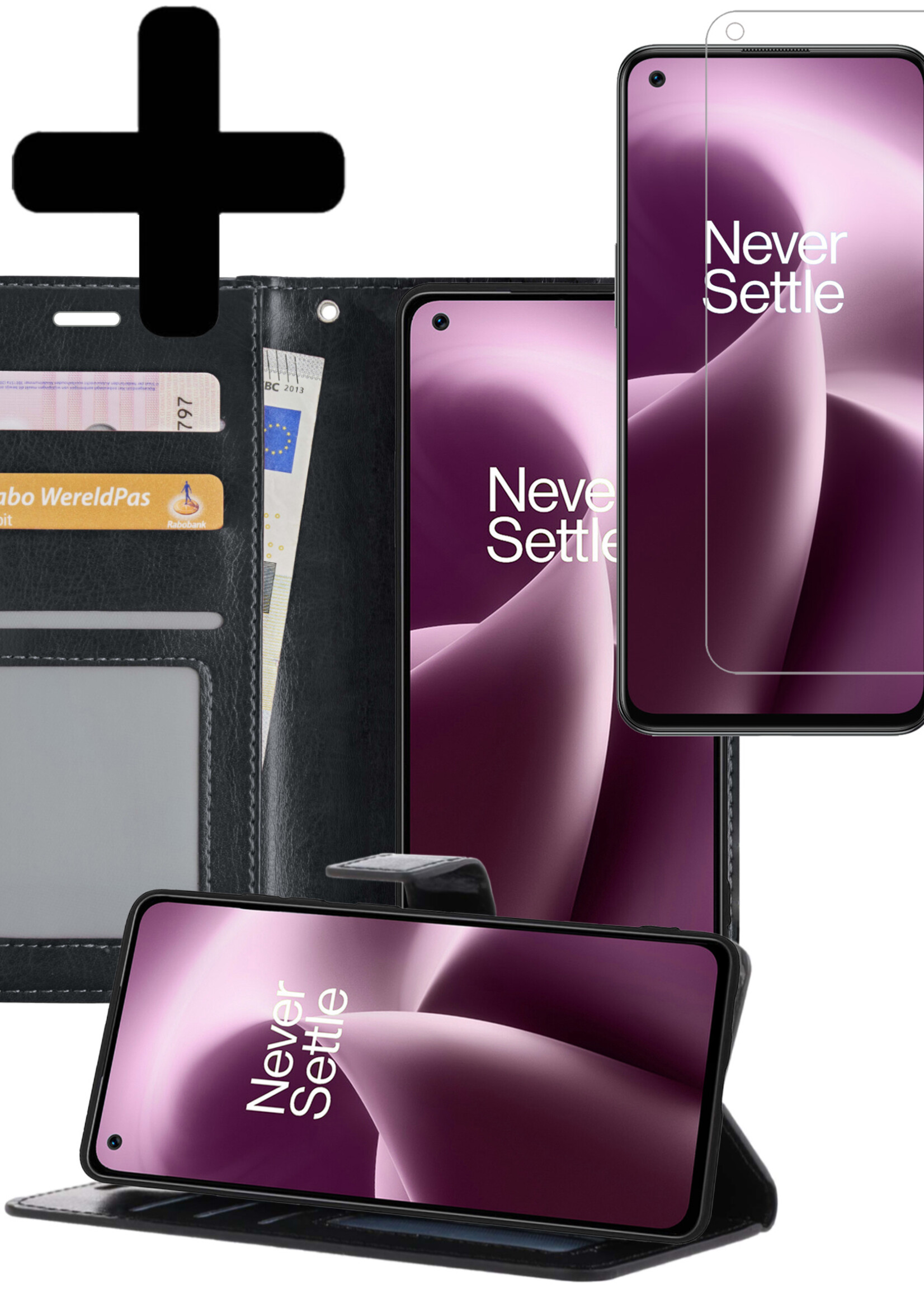 LUQ Hoesje Geschikt voor OnePlus Nord 2T Hoesje Book Case Hoes Wallet Cover Met Screenprotector - Hoes Geschikt voor OnePlus Nord 2T Hoesje Bookcase Hoes - Zwart