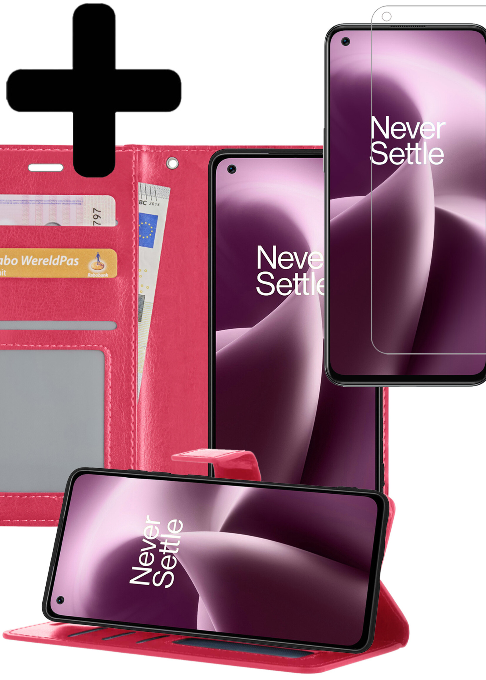 LUQ Hoesje Geschikt voor OnePlus Nord 2T Hoesje Book Case Hoes Wallet Cover Met Screenprotector - Hoes Geschikt voor OnePlus Nord 2T Hoesje Bookcase Hoes - Donkerroze