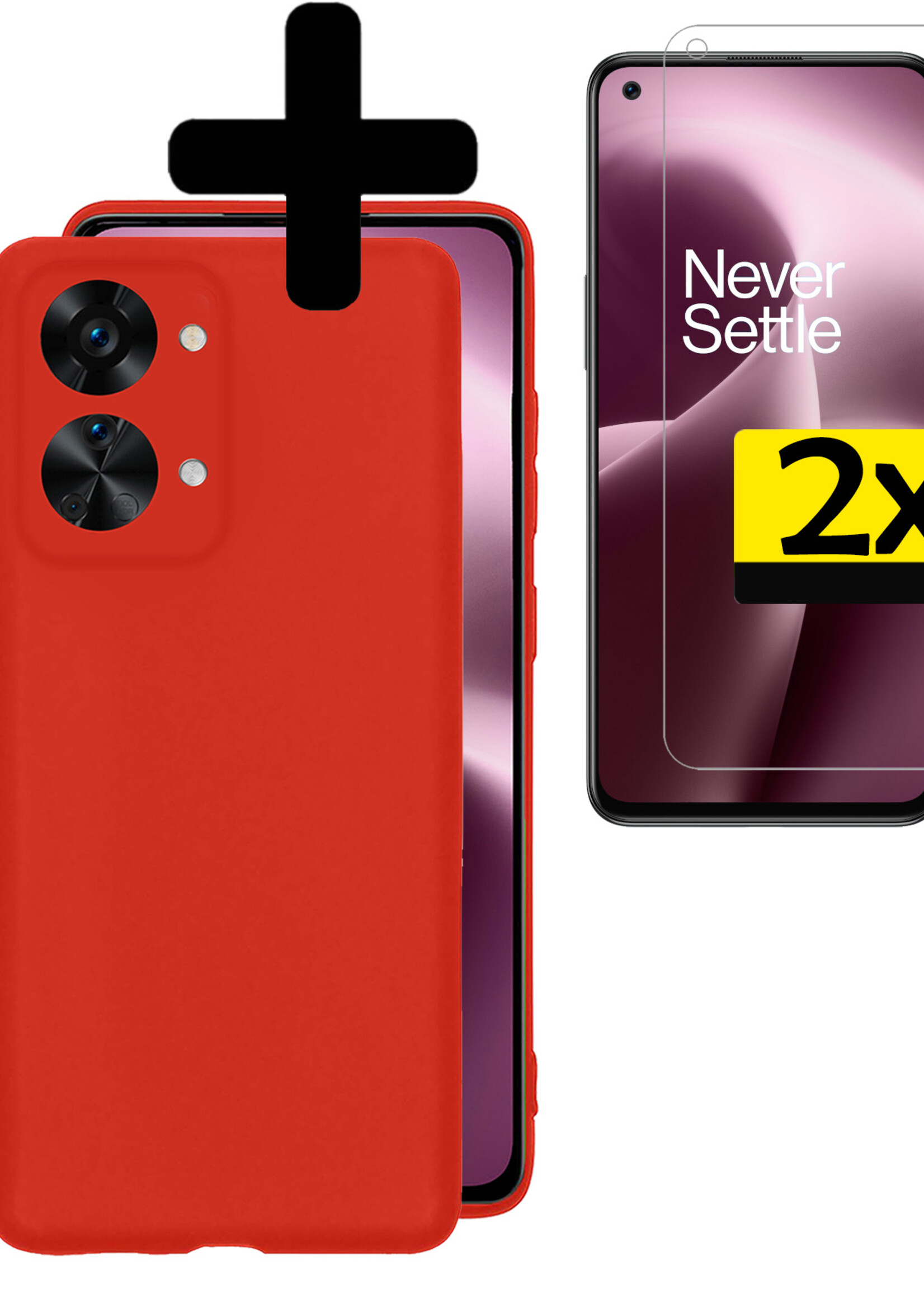 LUQ Hoesje Geschikt voor OnePlus Nord 2T Hoesje Siliconen Case Met 2x Screenprotector - Hoes Geschikt voor OnePlus Nord 2T Hoes Siliconen - Rood