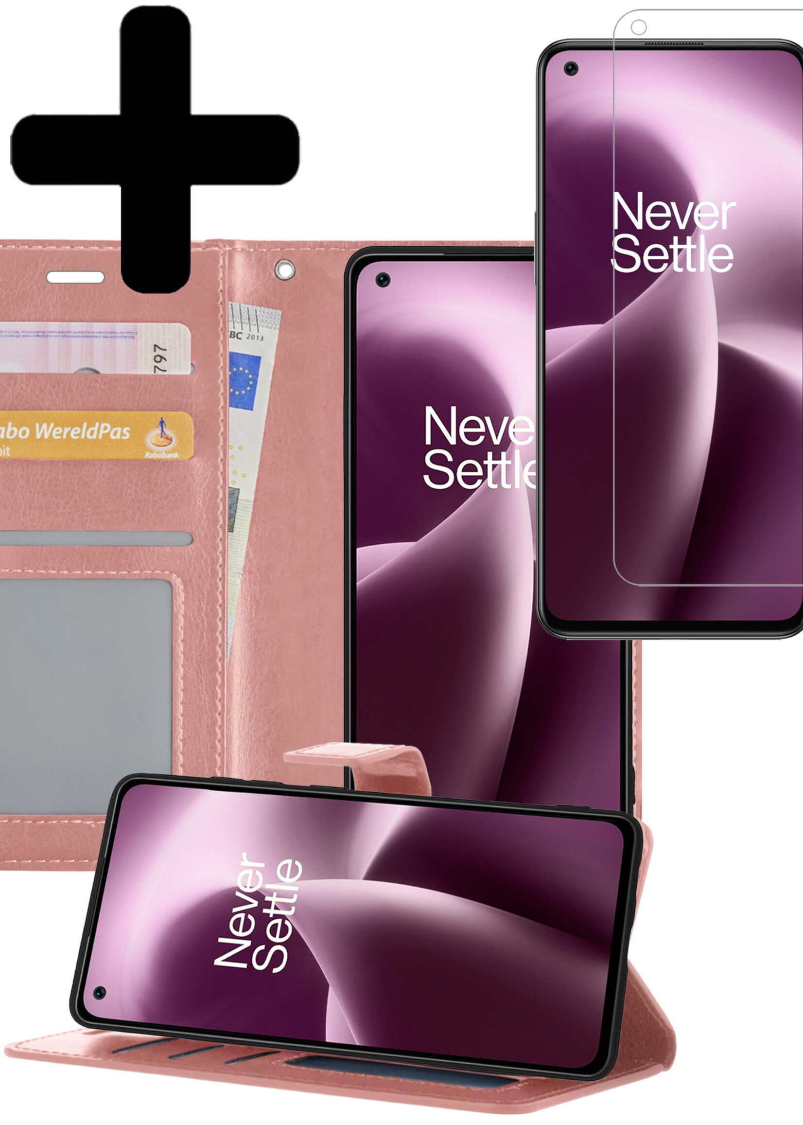 LUQ Hoesje Geschikt voor OnePlus Nord 2T Hoesje Book Case Hoes Wallet Cover Met Screenprotector - Hoes Geschikt voor OnePlus Nord 2T Hoesje Bookcase Hoes - Rosé goud