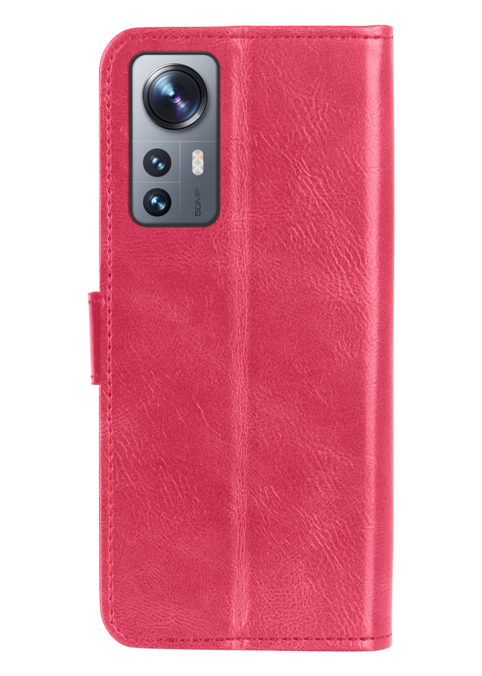 LUQ Hoesje Geschikt voor Xiaomi 12X Hoesje Book Case Hoes Wallet Cover Met 2x Screenprotector - Hoes Geschikt voor Xiaomi 12X Hoesje Bookcase Hoes - Donkerroze