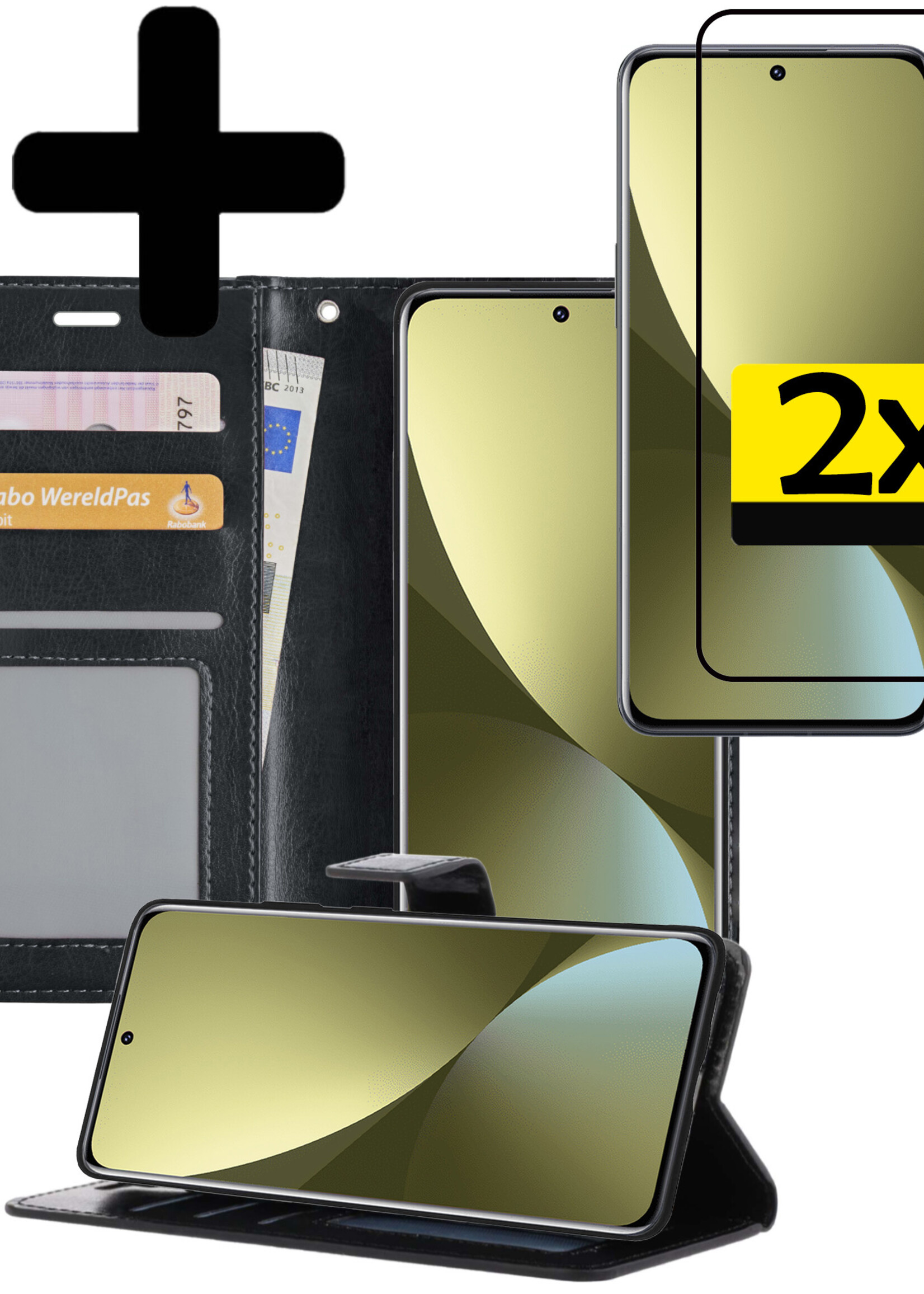 LUQ Hoesje Geschikt voor Xiaomi 12 Hoesje Book Case Hoes Wallet Cover Met 2x Screenprotector - Hoes Geschikt voor Xiaomi 12 Hoesje Bookcase Hoes - Zwart