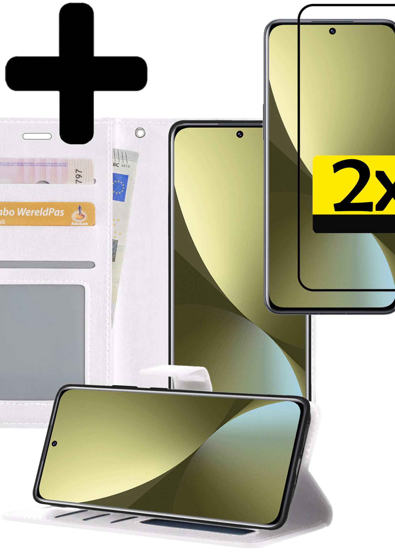 LUQ Hoesje Geschikt voor Xiaomi 12 Hoesje Book Case Hoes Wallet Cover Met 2x Screenprotector - Hoes Geschikt voor Xiaomi 12 Hoesje Bookcase Hoes - Wit