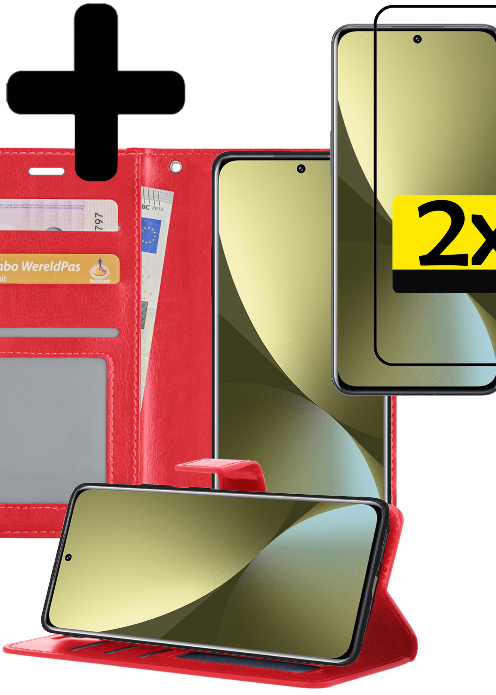 LUQ Hoesje Geschikt voor Xiaomi 12 Hoesje Book Case Hoes Wallet Cover Met 2x Screenprotector - Hoes Geschikt voor Xiaomi 12 Hoesje Bookcase Hoes - Rood