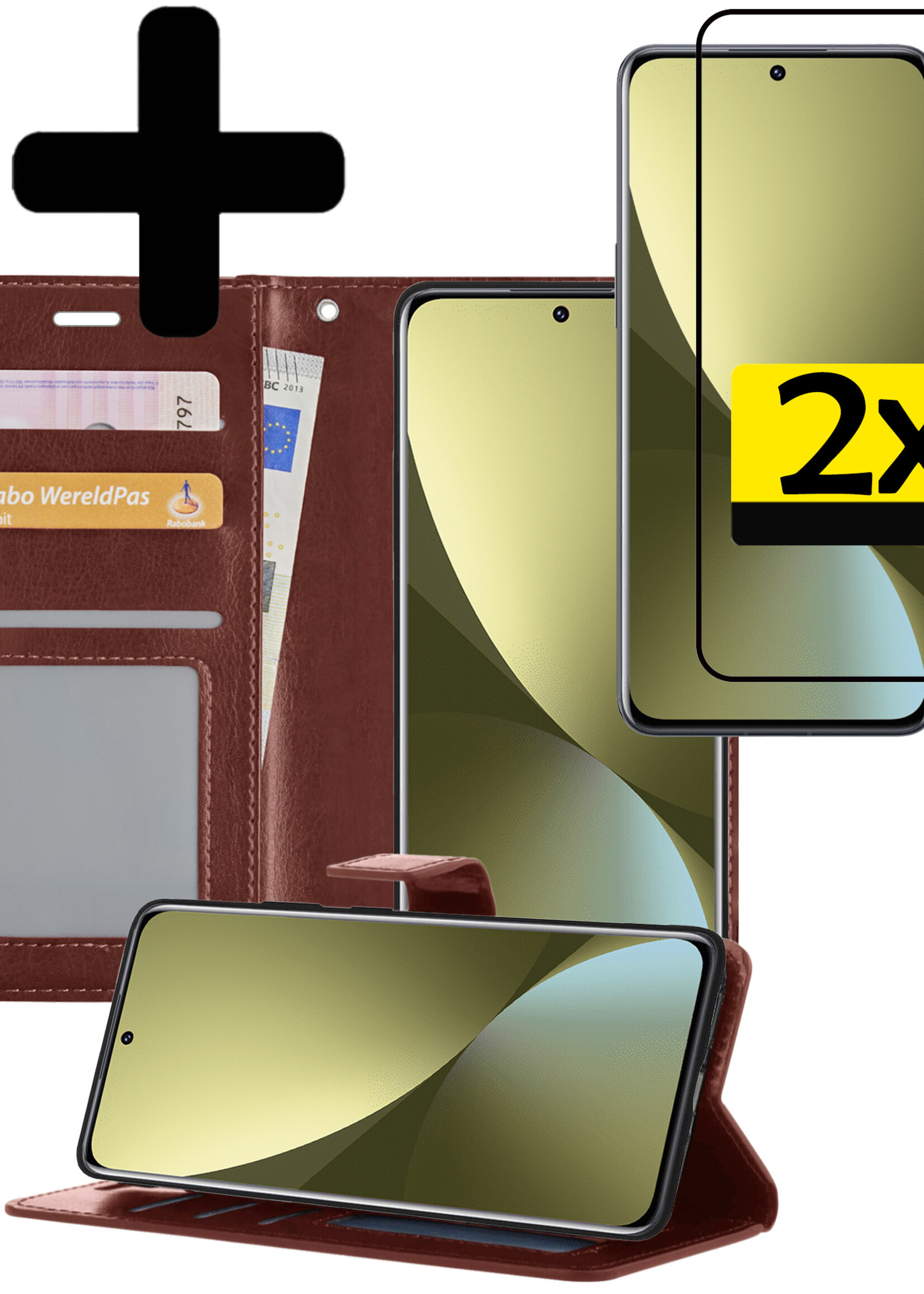 LUQ Hoesje Geschikt voor Xiaomi 12 Hoesje Book Case Hoes Wallet Cover Met 2x Screenprotector - Hoes Geschikt voor Xiaomi 12 Hoesje Bookcase Hoes - Bruin