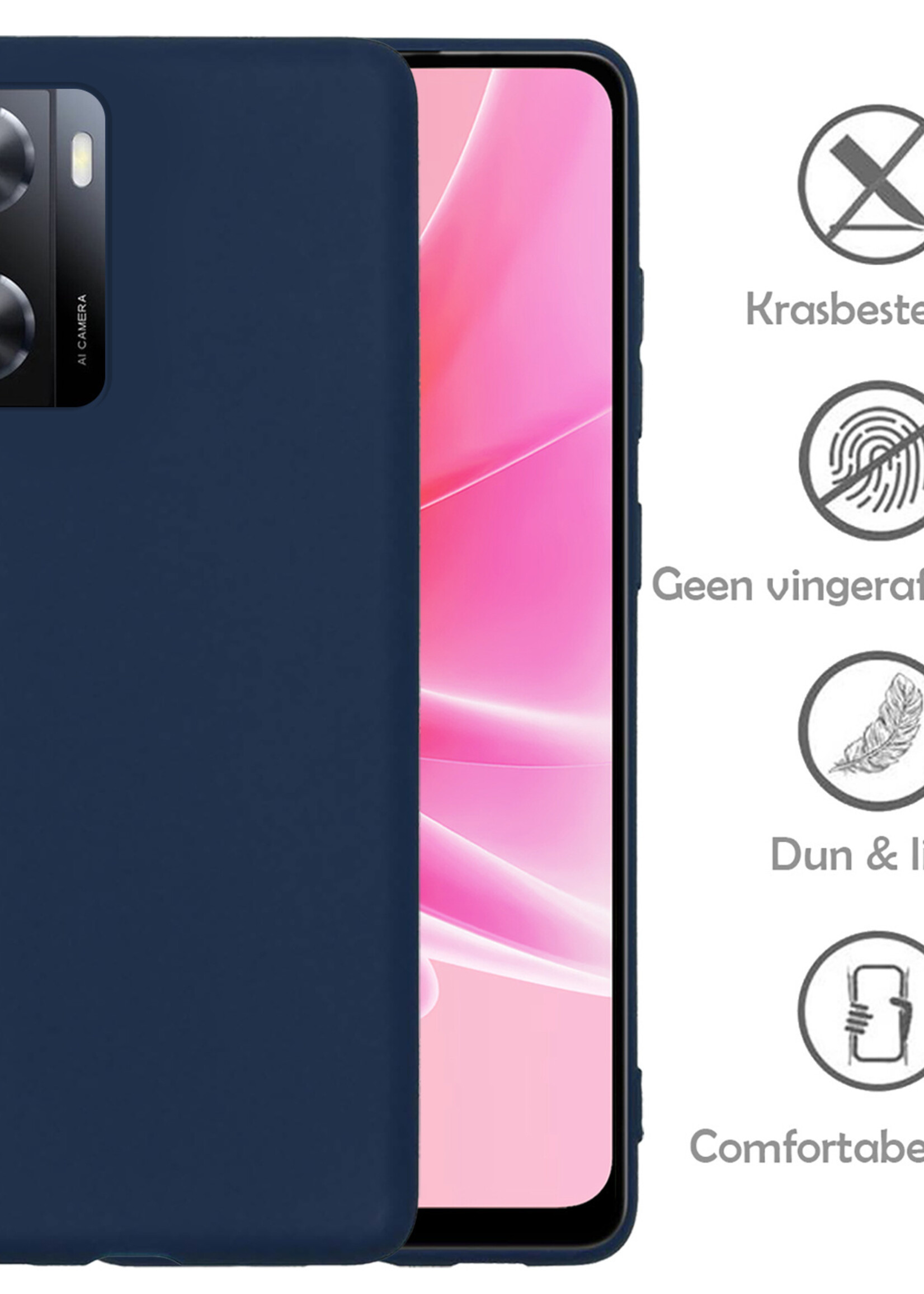 LUQ Hoesje Geschikt voor OPPO A57 Hoesje Siliconen Case Met Screenprotector - Hoes Geschikt voor OPPO A57 Hoes Siliconen - Donkerblauw