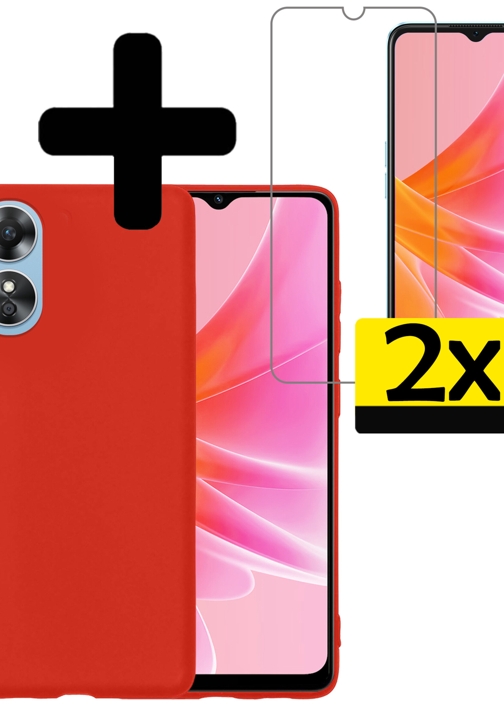 LUQ Hoesje Geschikt voor OPPO A17 Hoesje Siliconen Case Met 2x Screenprotector - Hoes Geschikt voor OPPO A17 Hoes Siliconen - Rood