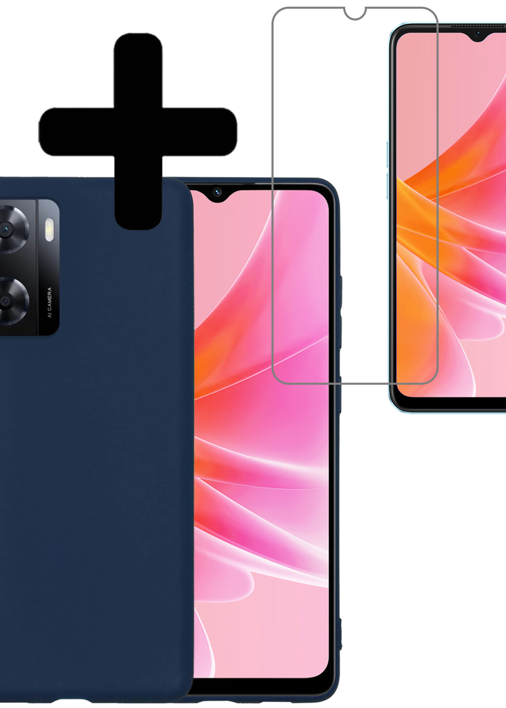 LUQ Hoesje Geschikt voor OPPO A57 Hoesje Siliconen Case Met Screenprotector - Hoes Geschikt voor OPPO A57 Hoes Siliconen - Donkerblauw