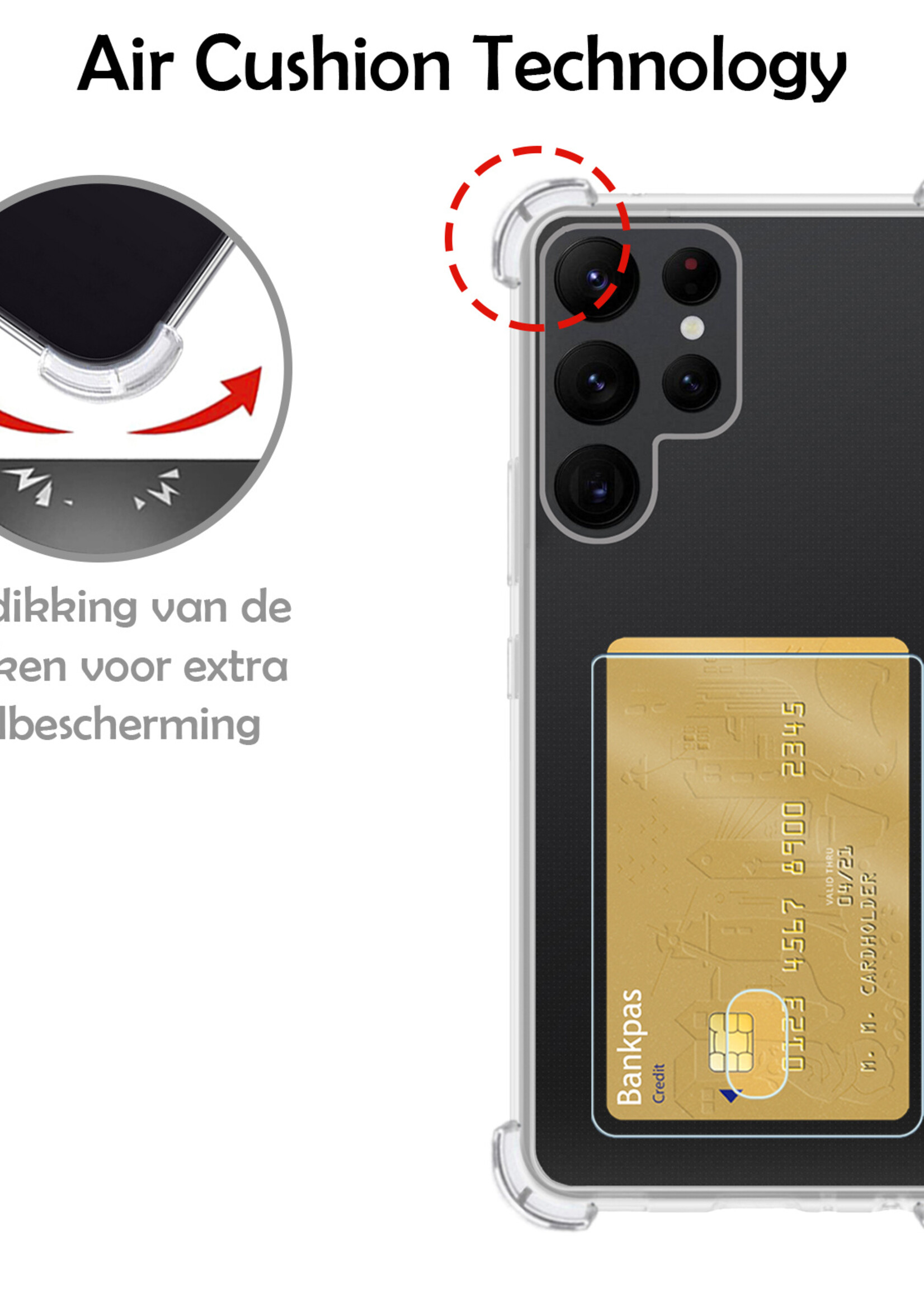 LUQ Hoesje Geschikt voor Samsung S23 Ultra Hoesje Case Pashouder Cover Siliconen - Hoes Geschikt voor Samsung Galaxy S23 Ultra Hoesje Met Kaarthouder - Transparant - 2 Stuks