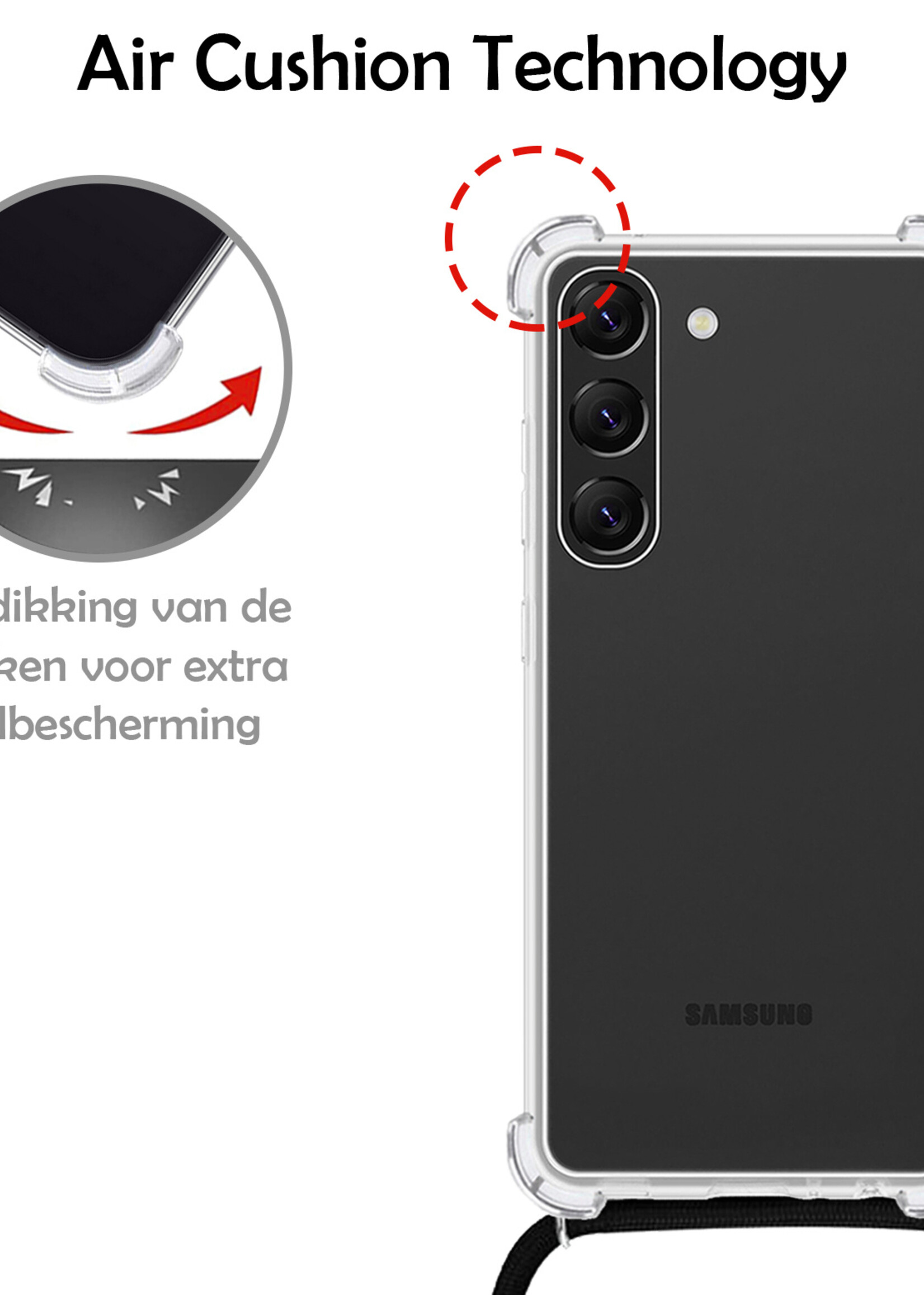 LUQ Hoesje Geschikt voor Samsung S23 Hoesje Shockproof Case Siliconen Hoes Met Koord - Transparant