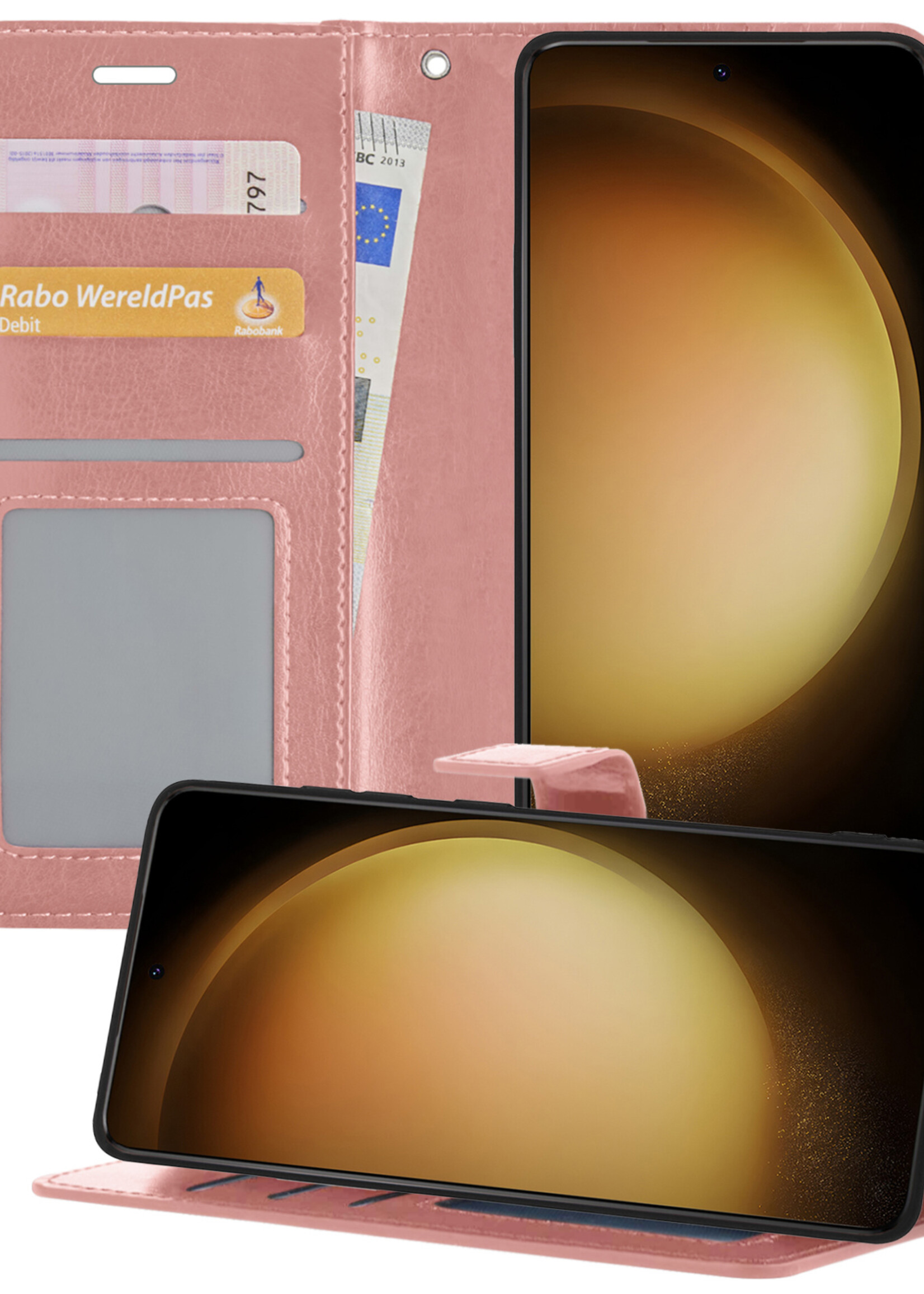 LUQ Hoesje Geschikt voor Samsung S23 Hoesje Book Case Hoes Wallet Cover - Hoes Geschikt voor Samsung Galaxy S23 Hoesje Bookcase Hoes - Rosé goud