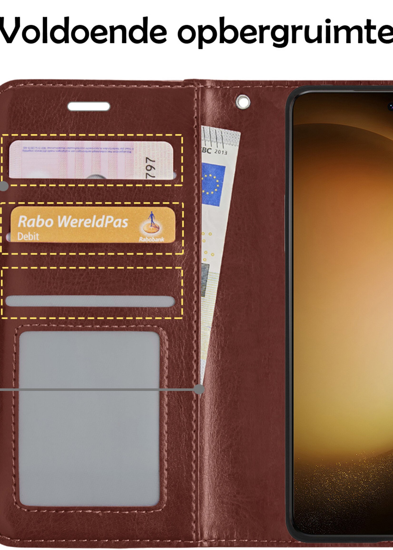 LUQ Hoesje Geschikt voor Samsung S23 Hoesje Book Case Hoes Wallet Cover Met Screenprotector - Hoes Geschikt voor Samsung Galaxy S23 Hoesje Bookcase Hoes - Bruin