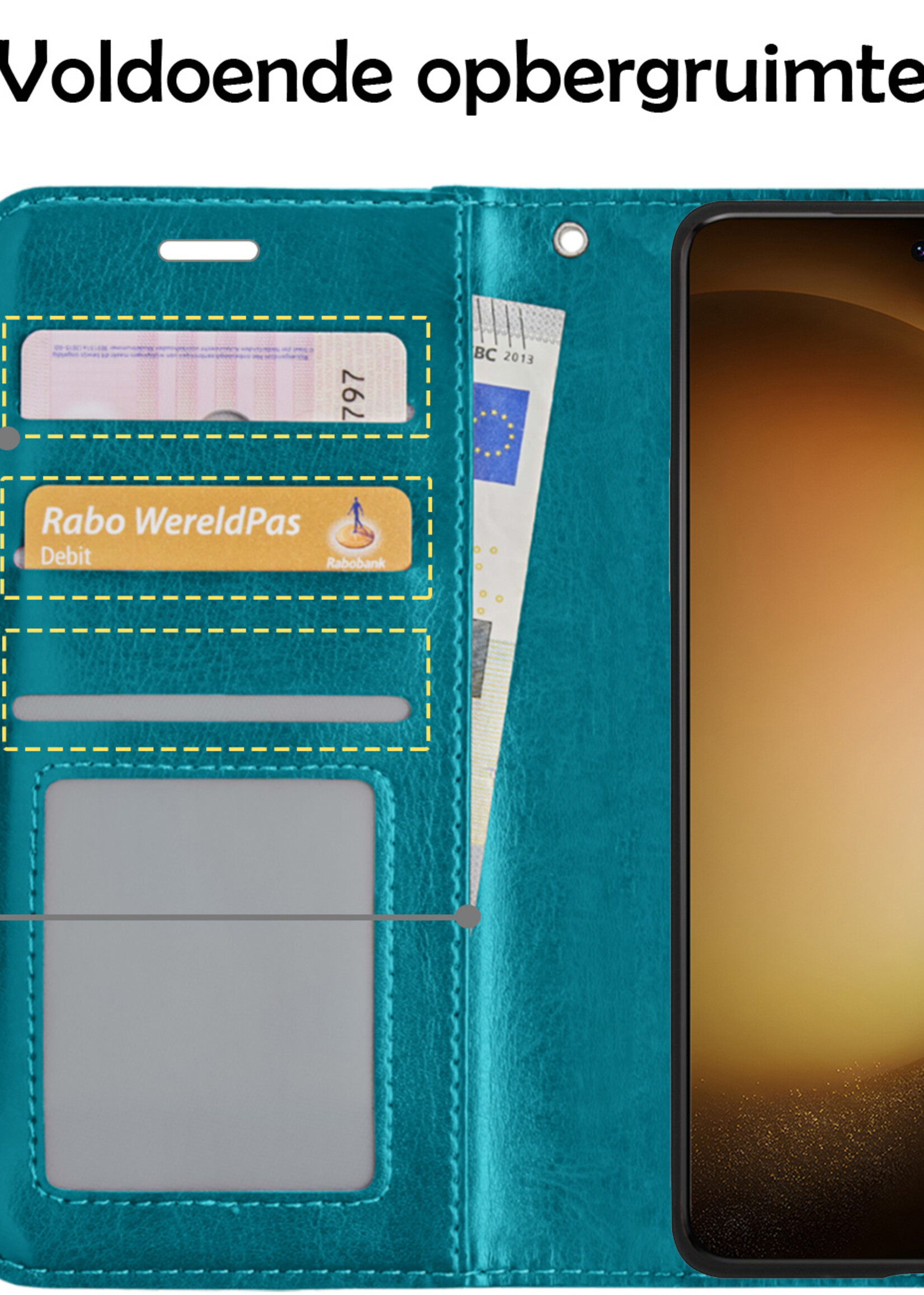 LUQ Hoesje Geschikt voor Samsung S23 Hoesje Book Case Hoes Wallet Cover Met Screenprotector - Hoes Geschikt voor Samsung Galaxy S23 Hoesje Bookcase Hoes - Turquoise